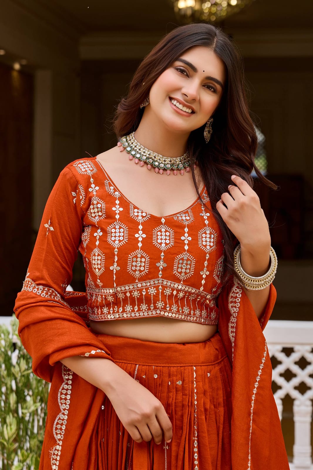 Rust Orange Designer Lehenga Choli with Heavy 7mm Sequin Embroidery & Embellished Dupatta