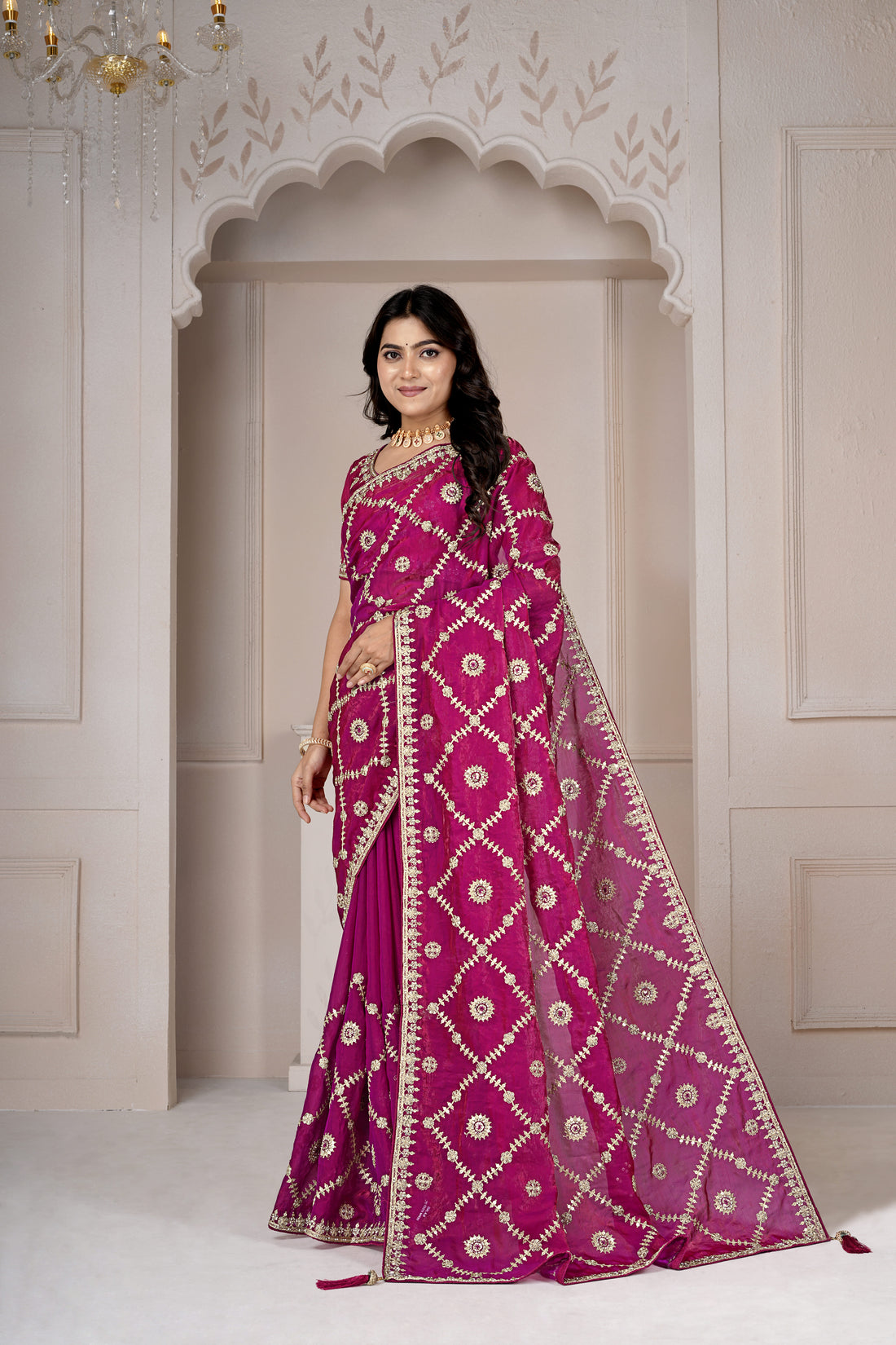 Royal Rani Pink Designer Embroidered Saree with Heavy Blouse – Festive & Wedding Collection