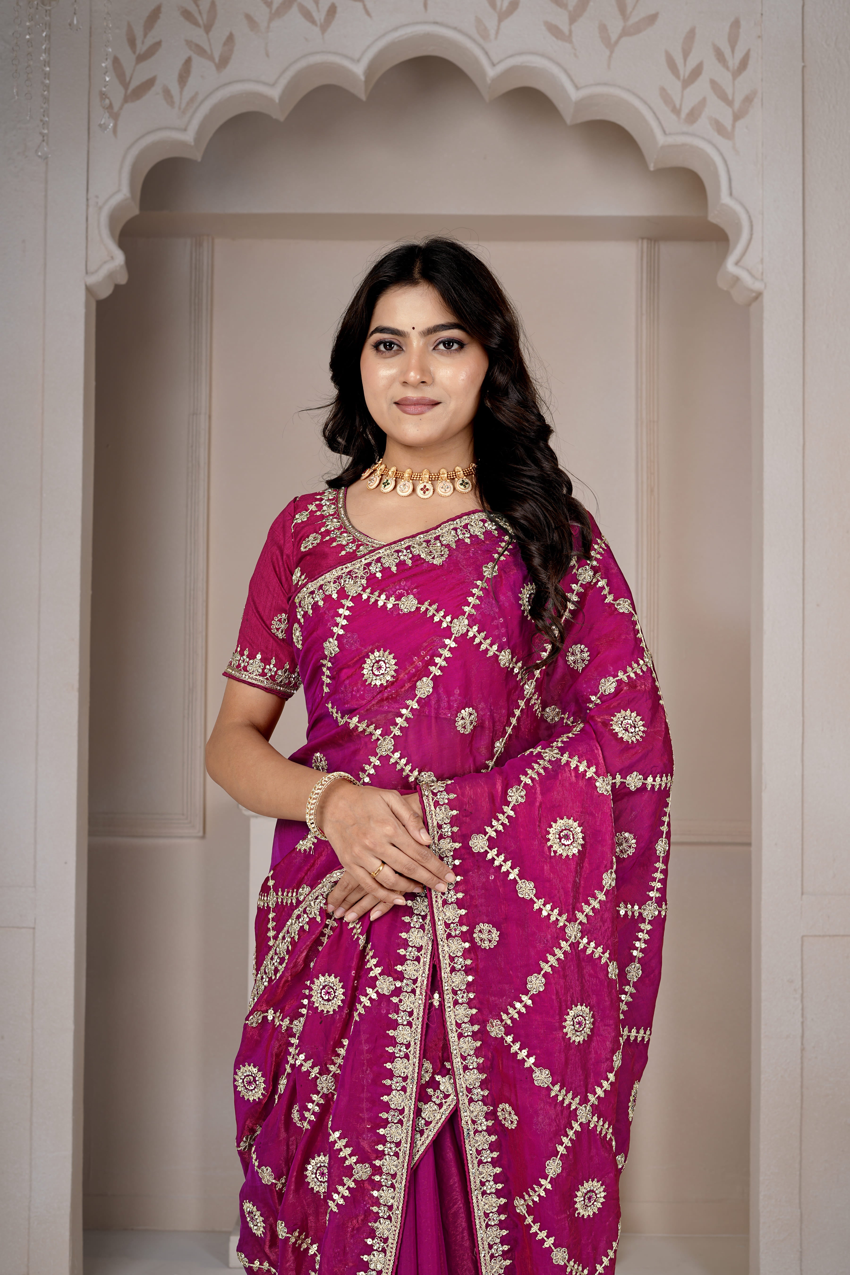 Royal Rani Pink Designer Embroidered Saree with Heavy Blouse – Festive & Wedding Collection