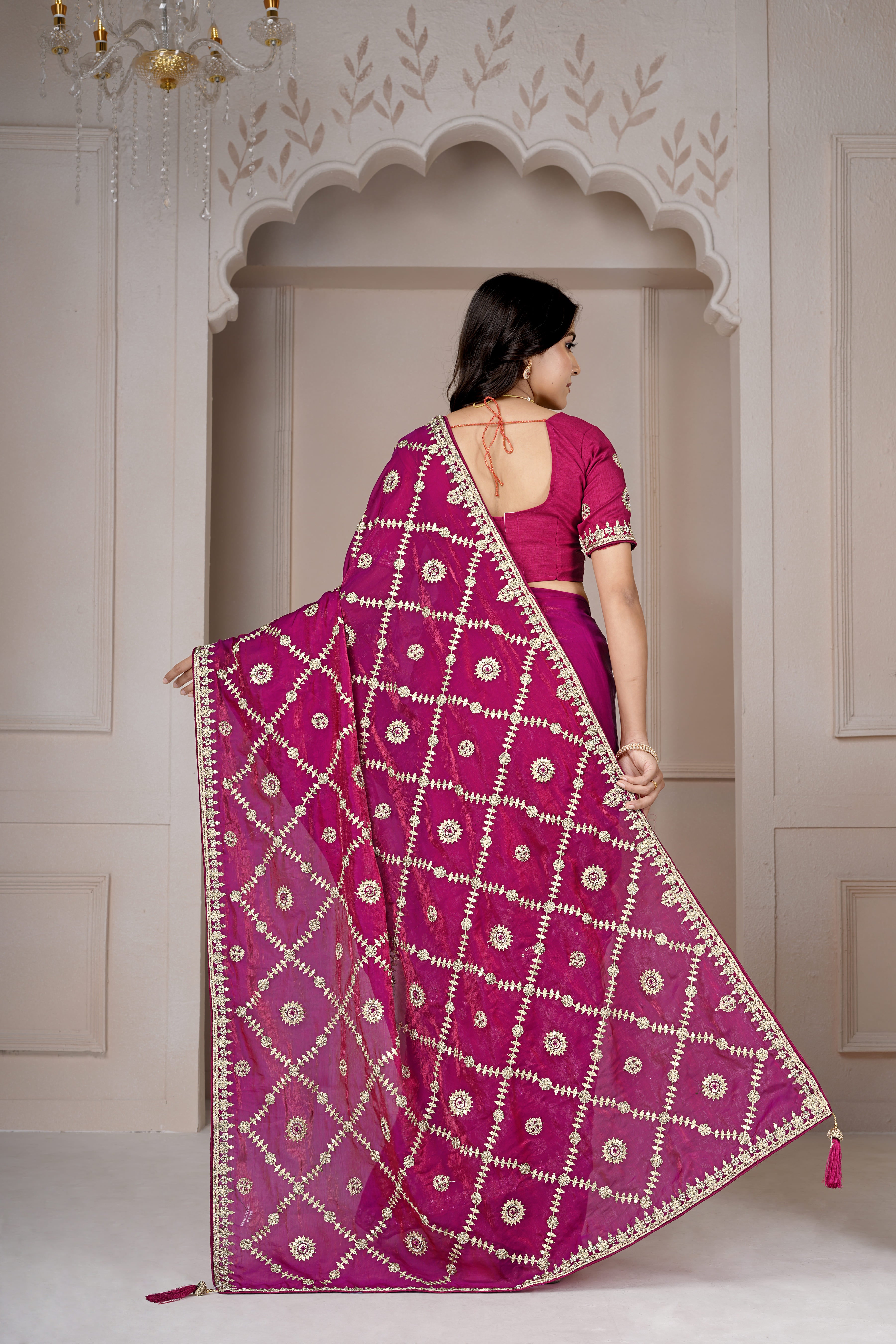 Royal Rani Pink Designer Embroidered Saree with Heavy Blouse – Festive & Wedding Collection