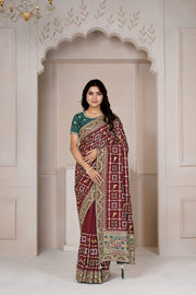 Designer Maroon Ajrakh-Inspired Saree with Zari & Thread Embroidery
