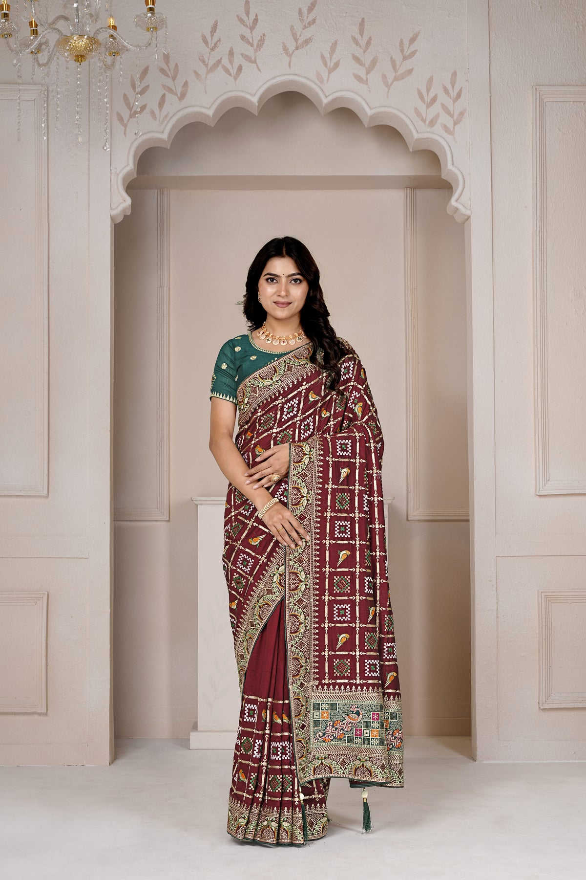Designer Maroon Ajrakh-Inspired Saree with Zari & Thread Embroidery