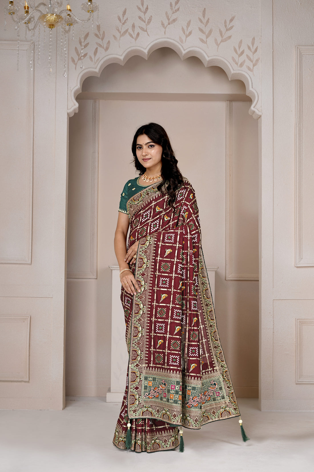 Designer Maroon Ajrakh-Inspired Saree with Zari & Thread Embroidery