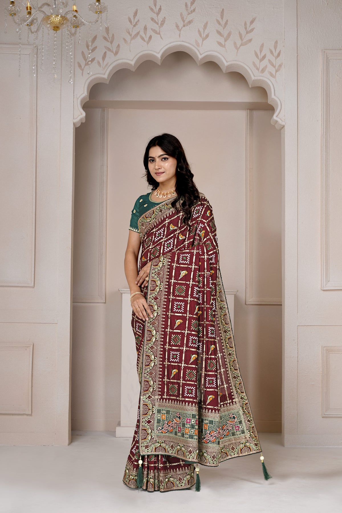 Designer Maroon Ajrakh-Inspired Saree with Zari & Thread Embroidery