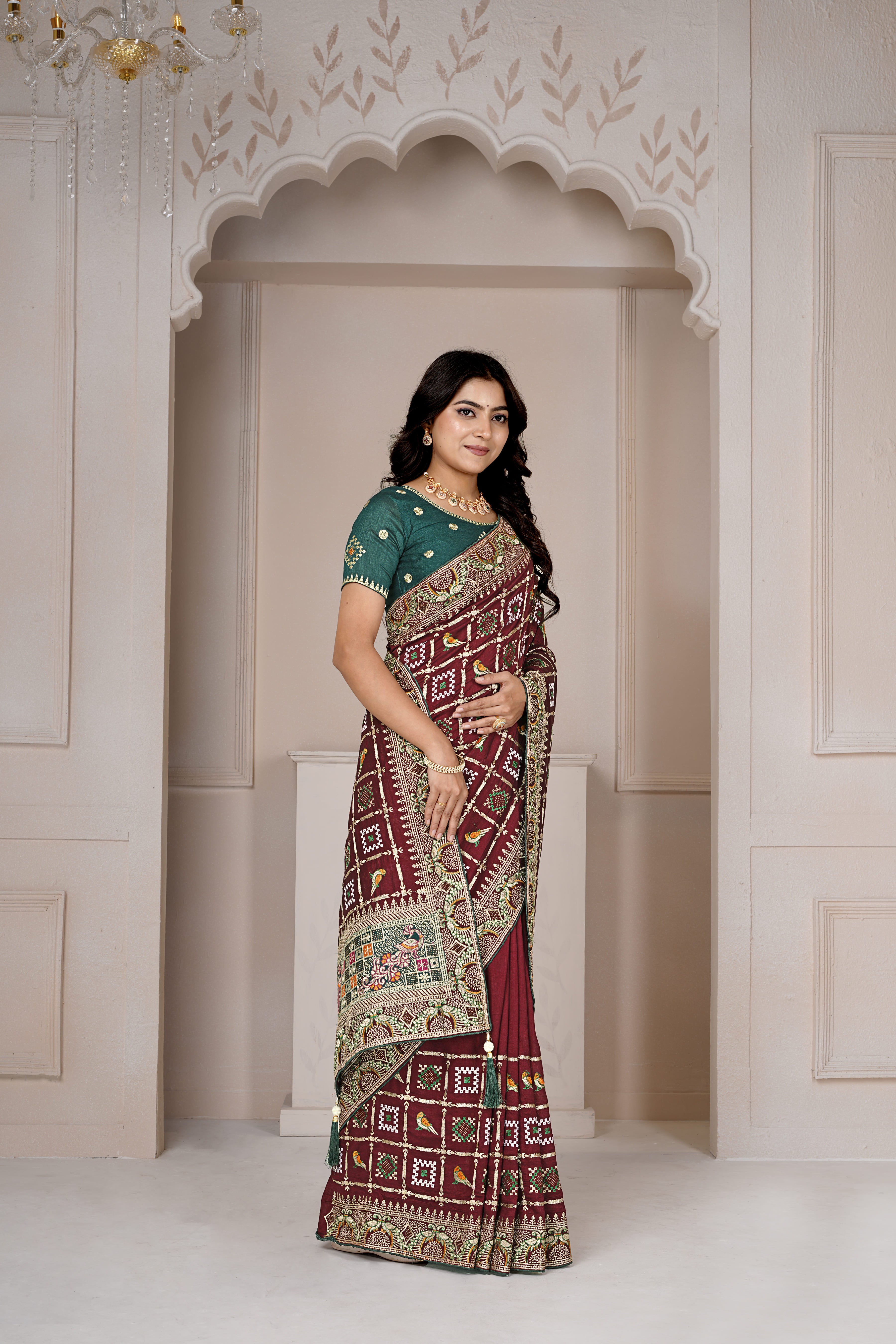 Designer Maroon Ajrakh-Inspired Saree with Zari & Thread Embroidery