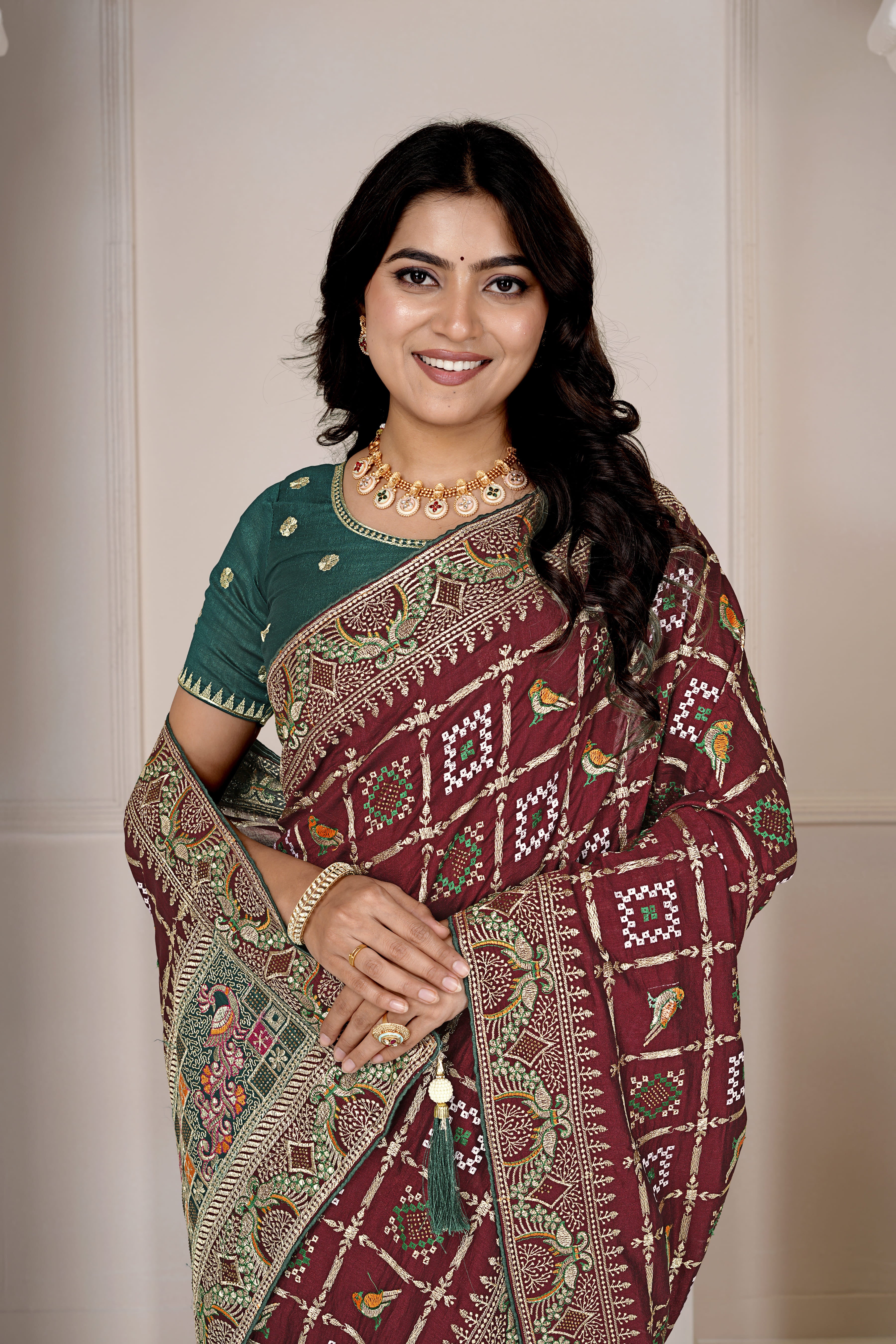 Designer Maroon Ajrakh-Inspired Saree with Zari & Thread Embroidery