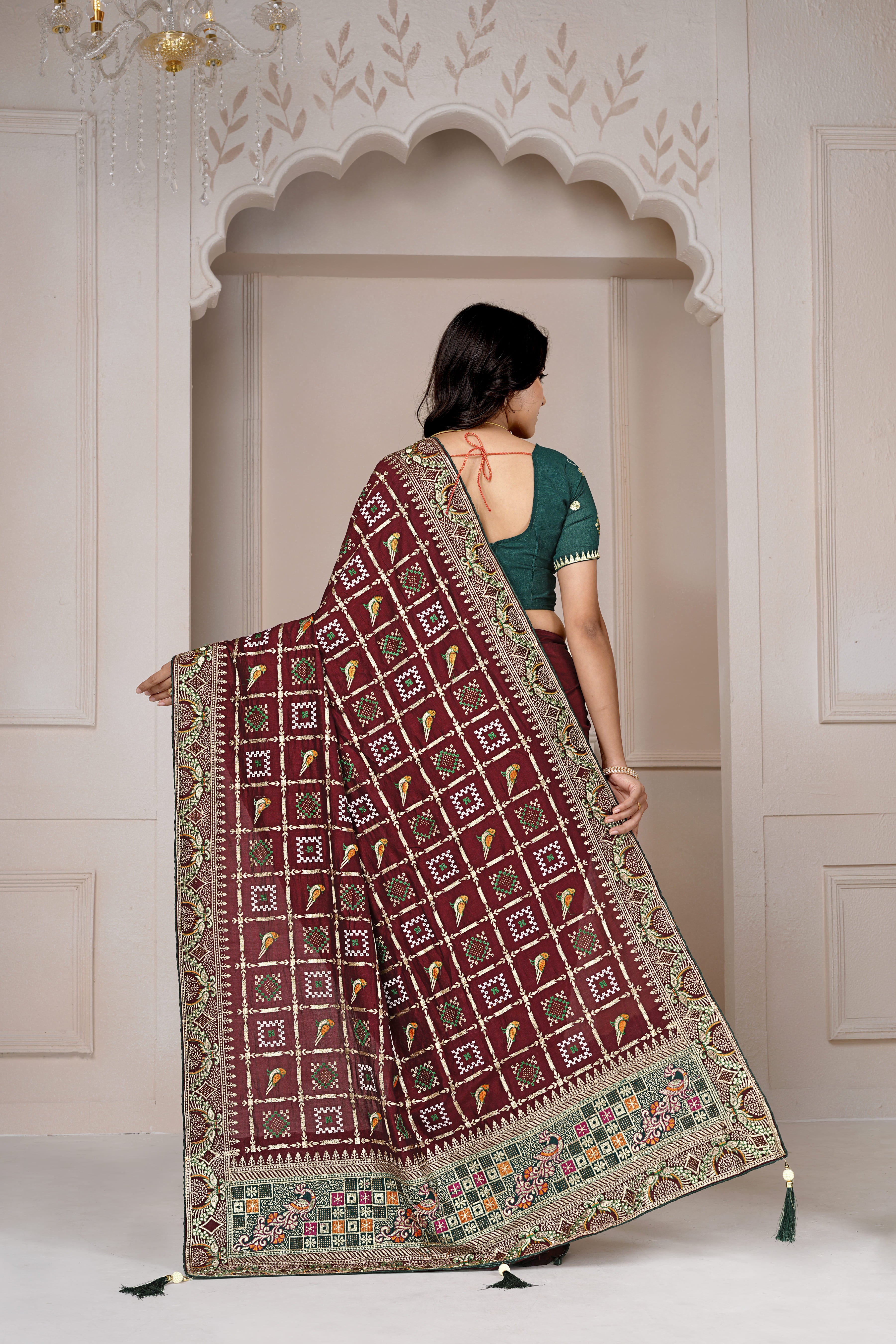 Designer Maroon Ajrakh-Inspired Saree with Zari & Thread Embroidery