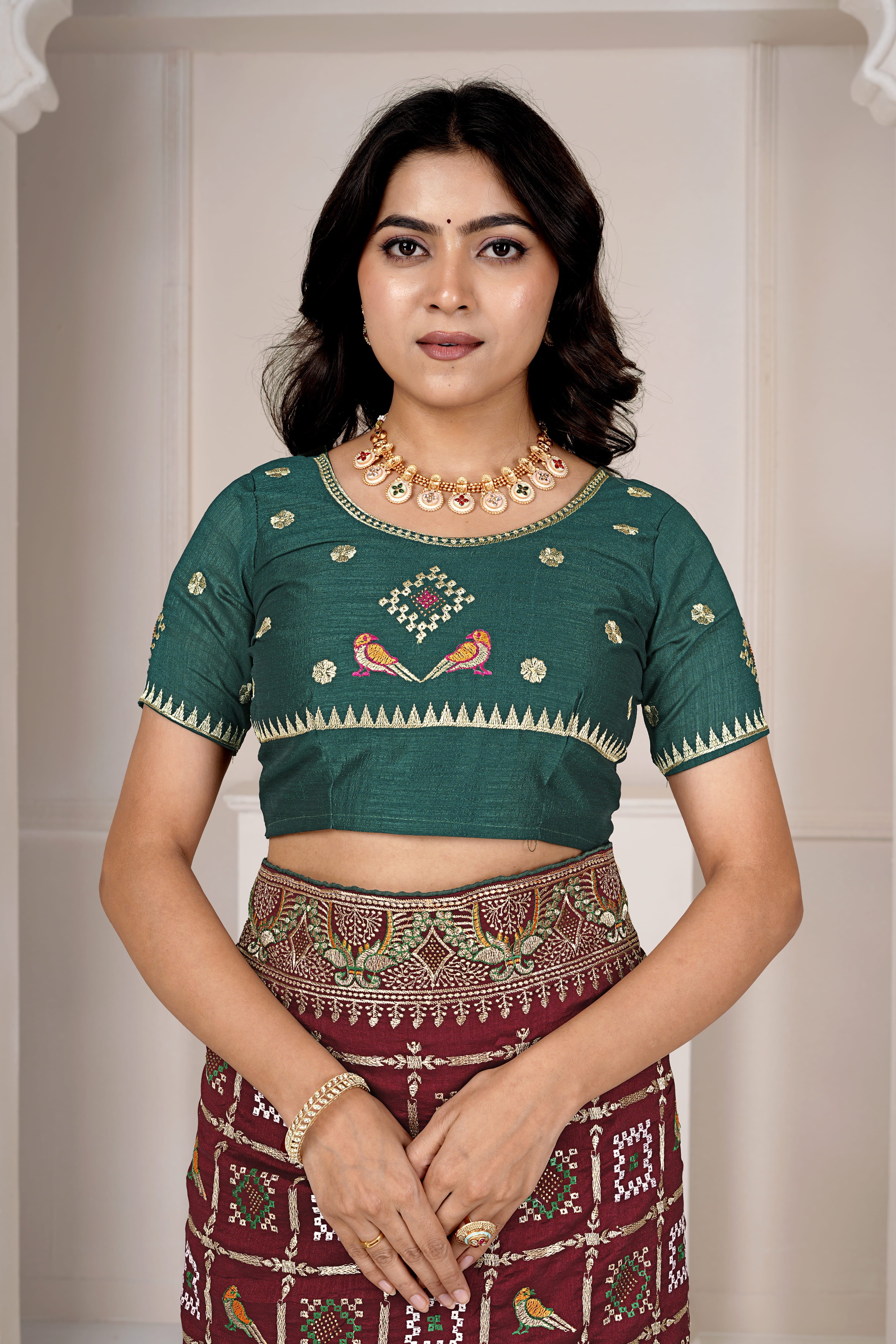 Designer Maroon Ajrakh-Inspired Saree with Zari & Thread Embroidery