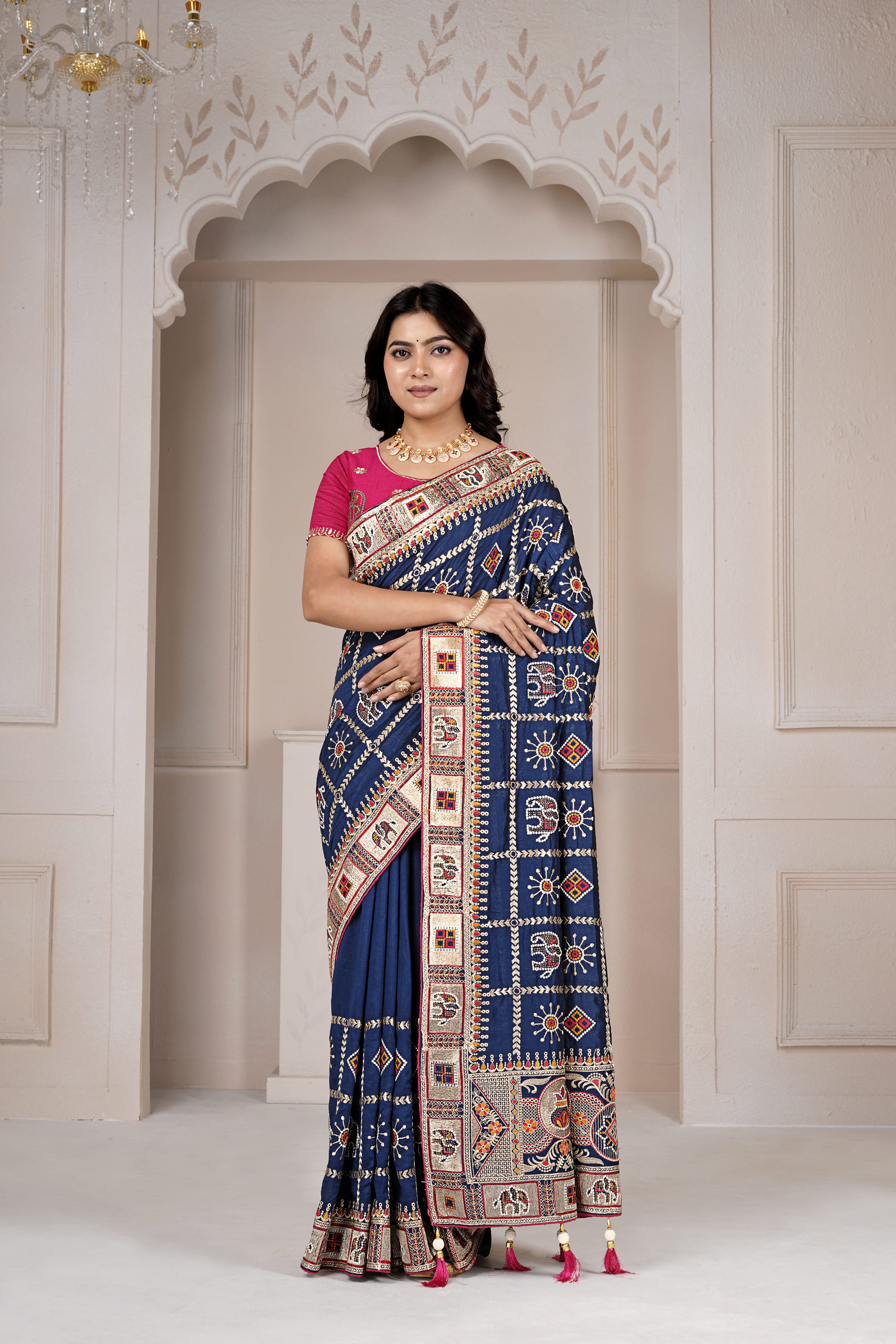 Navy Blue Traditional Embroidered Designer Saree
