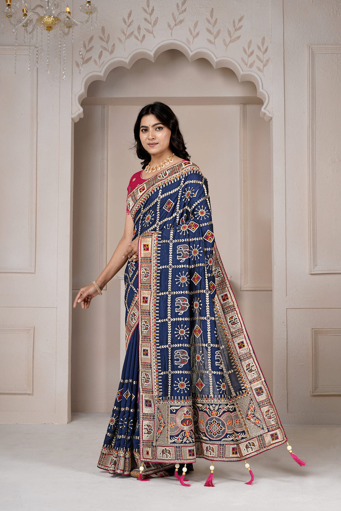Navy Blue Traditional Embroidered Designer Saree