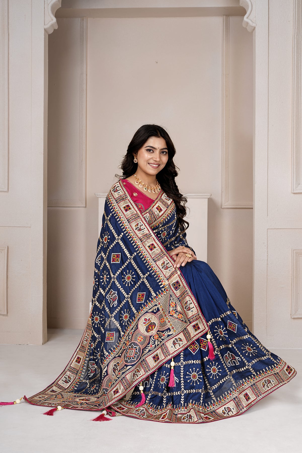 Navy Blue Traditional Embroidered Designer Saree