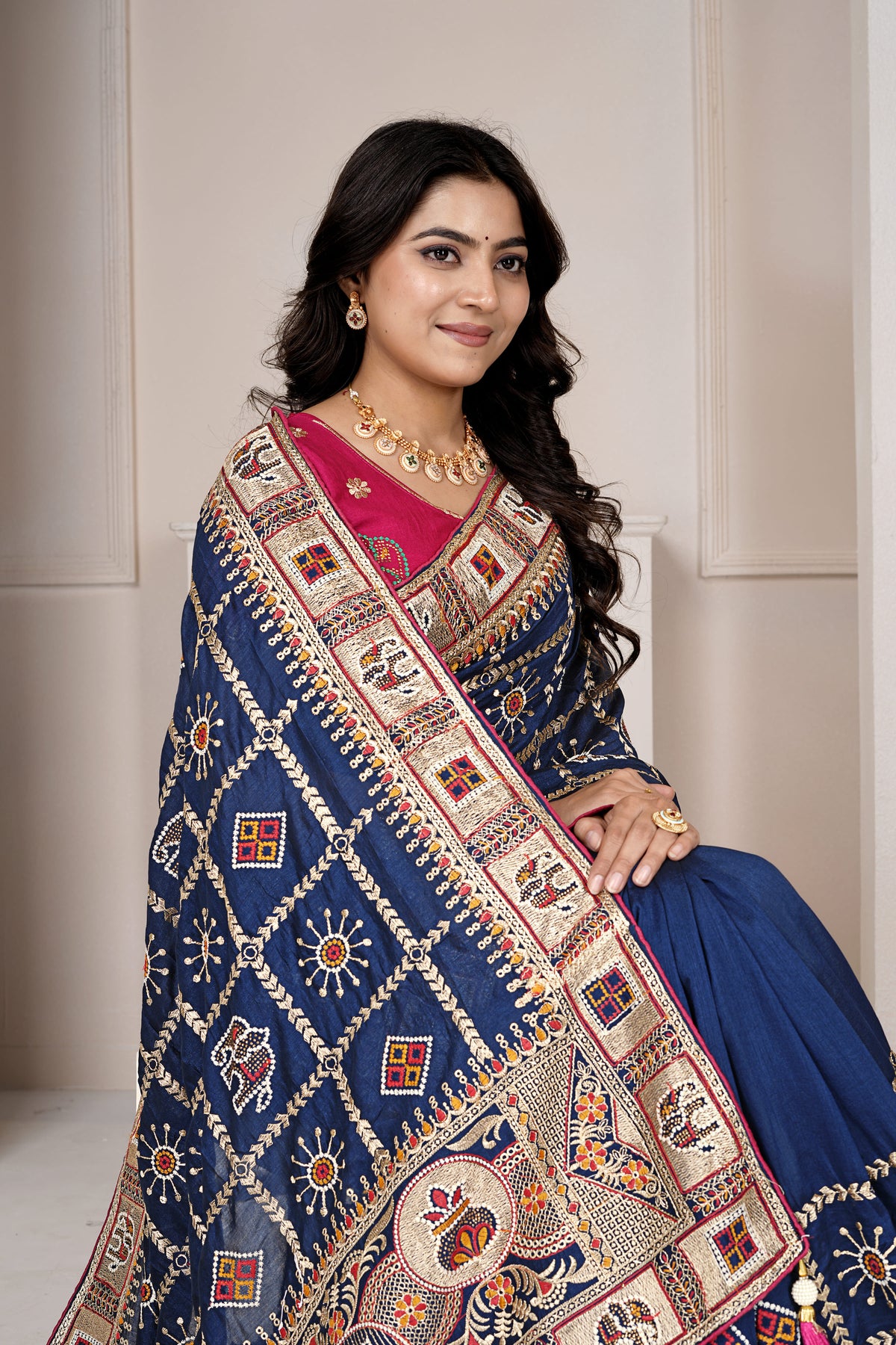 Navy Blue Traditional Embroidered Designer Saree