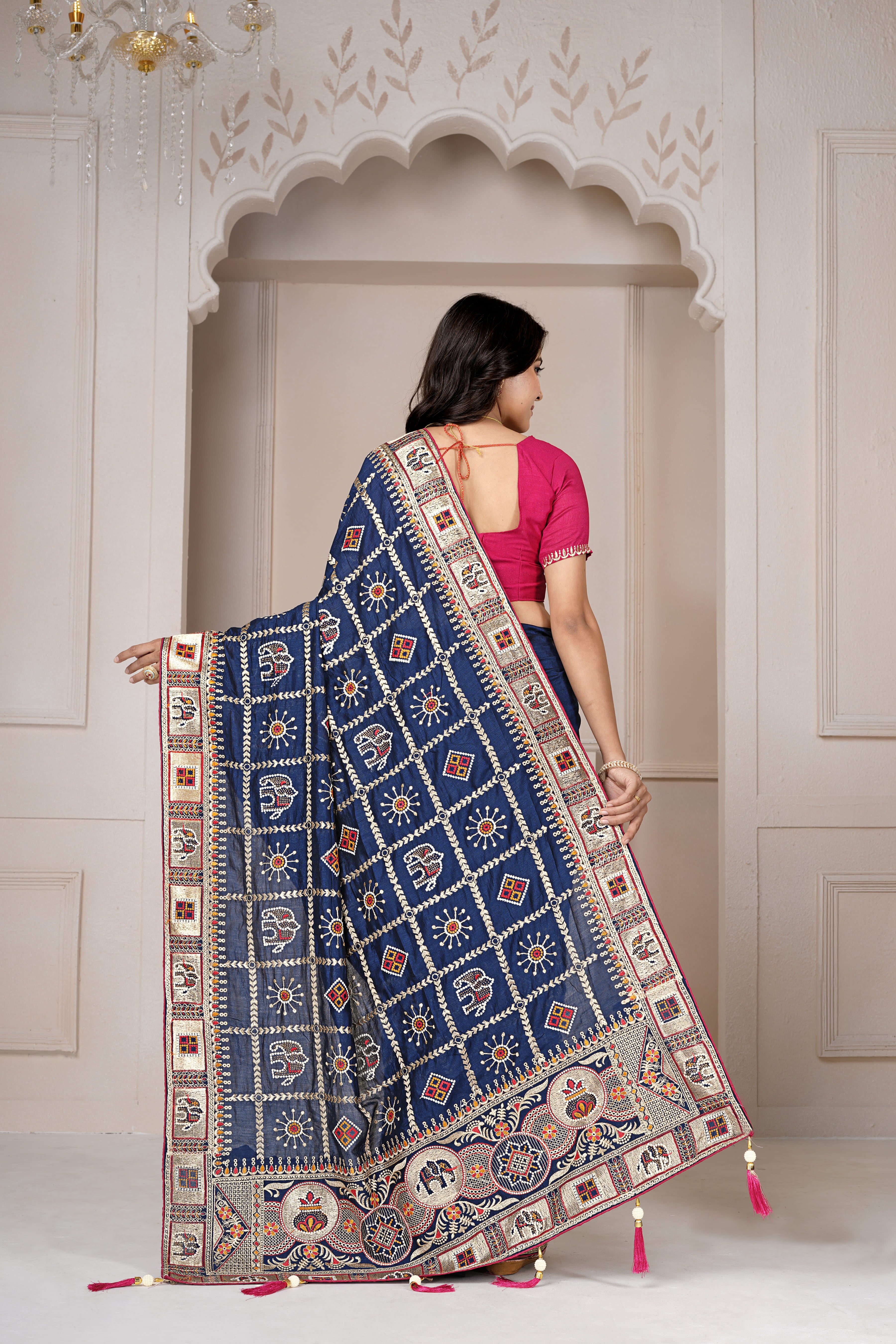 Navy Blue Traditional Embroidered Designer Saree