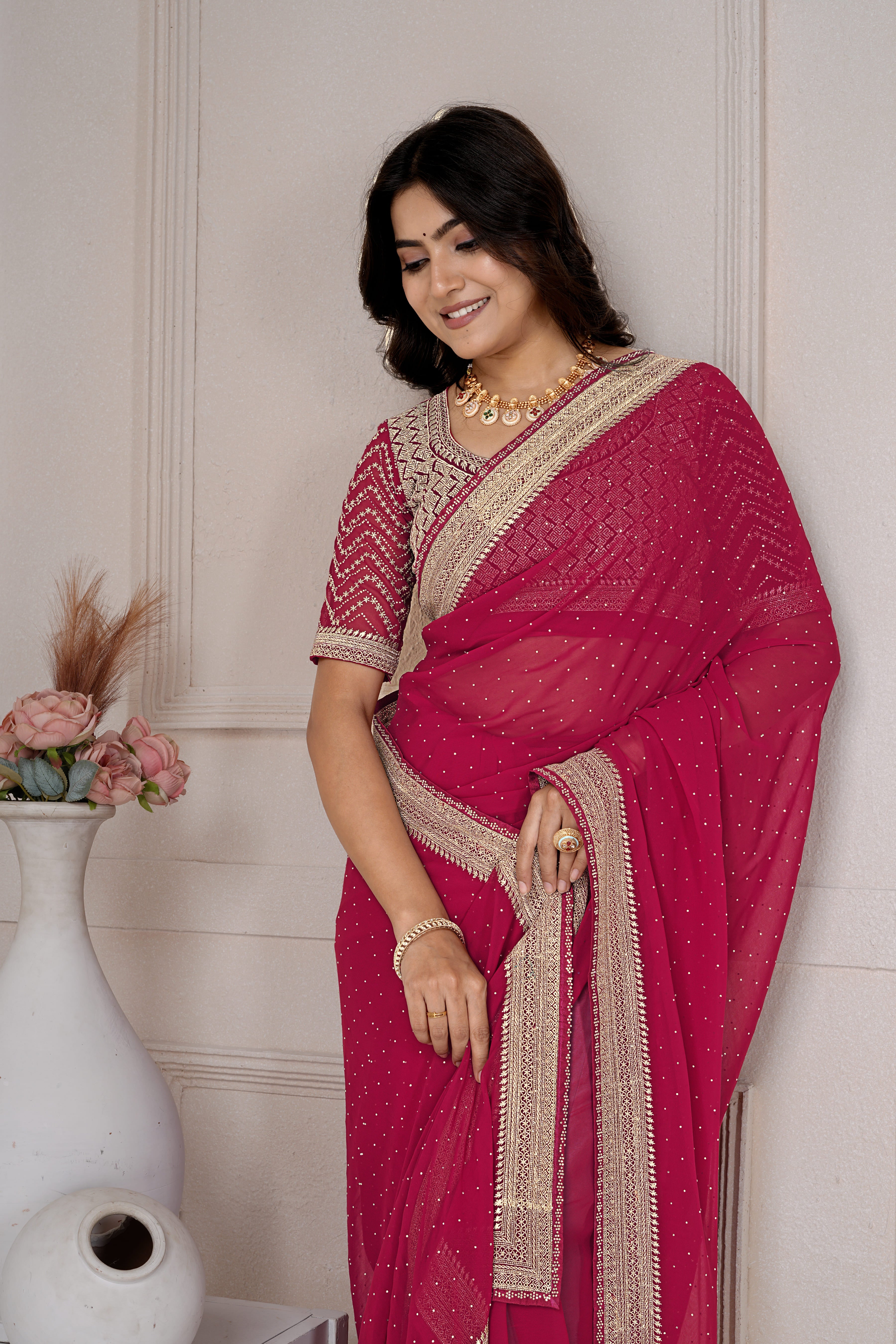 Wine Pink Designer Saree with Sequin & Zari Embroidery