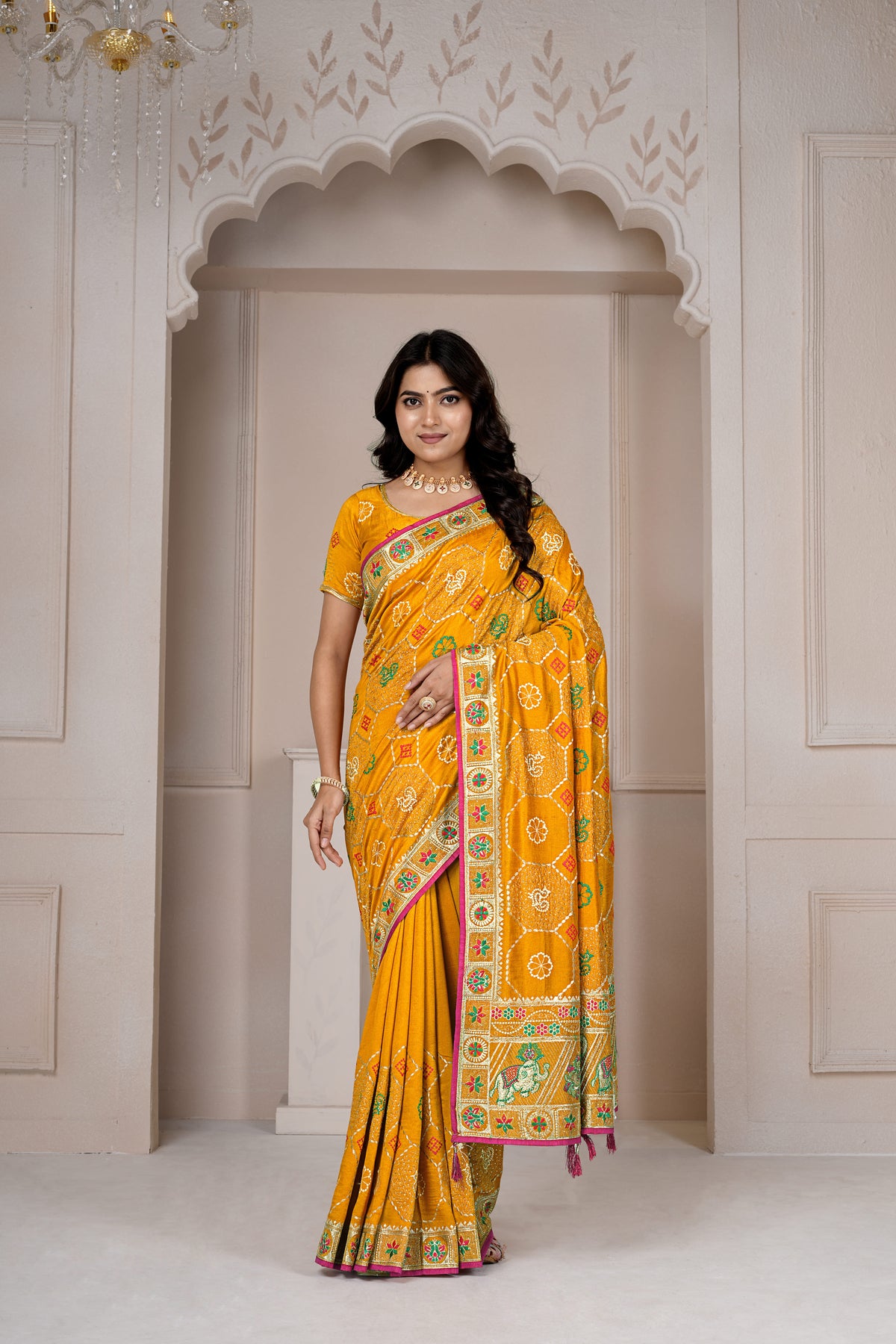 Mustard Yellow Designer Saree with Traditional Zari & Thread Embroidery, Multicolour Floral Motifs and Embellished Border