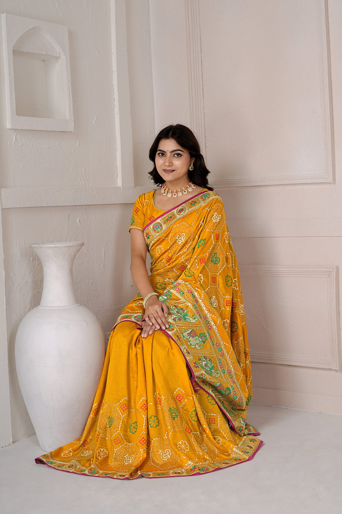 Mustard Yellow Designer Saree with Traditional Zari & Thread Embroidery, Multicolour Floral Motifs and Embellished Border