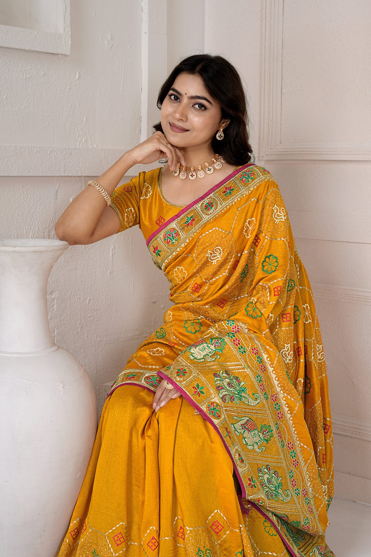 Mustard Yellow Designer Saree with Traditional Zari & Thread Embroidery, Multicolour Floral Motifs and Embellished Border