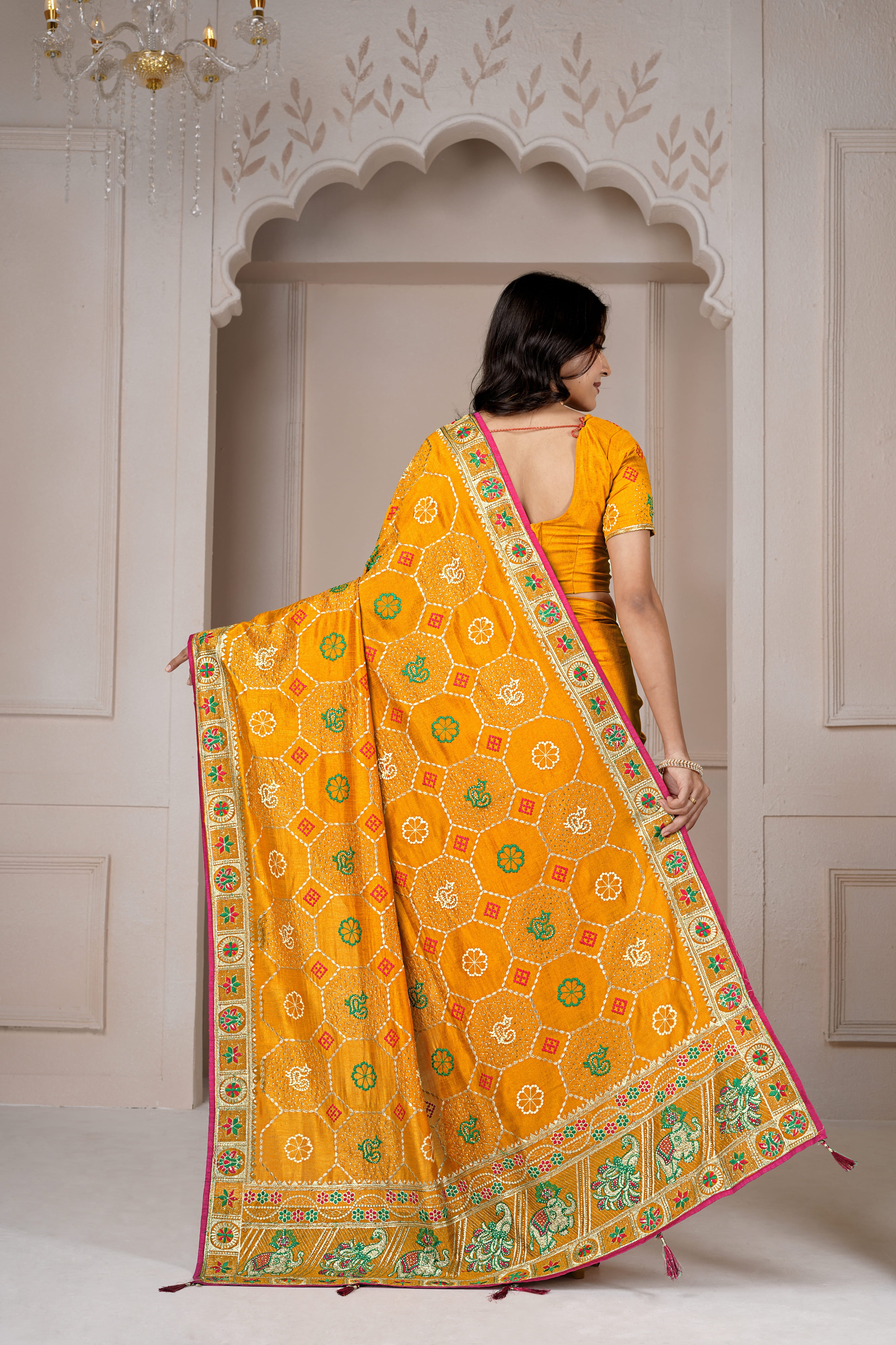 Mustard Yellow Designer Saree with Traditional Zari & Thread Embroidery, Multicolour Floral Motifs and Embellished Border
