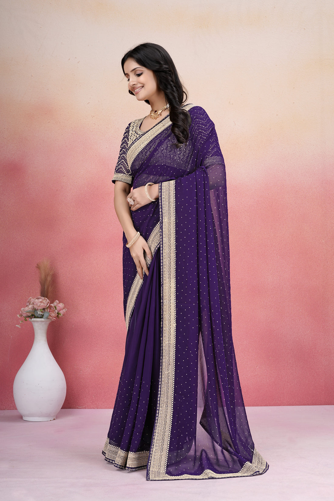 Elegant Purple Zari Embroidered Designer Saree