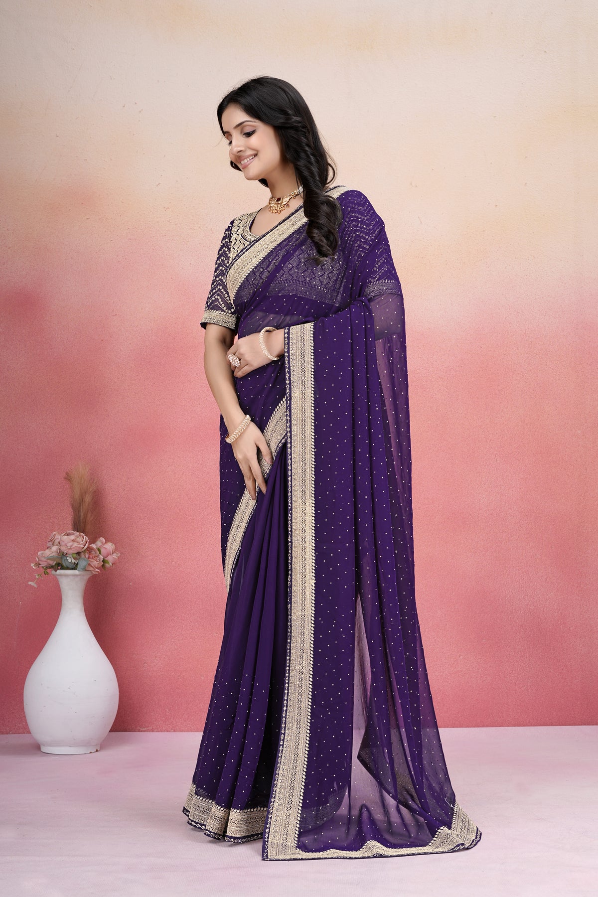 Elegant Purple Zari Embroidered Designer Saree