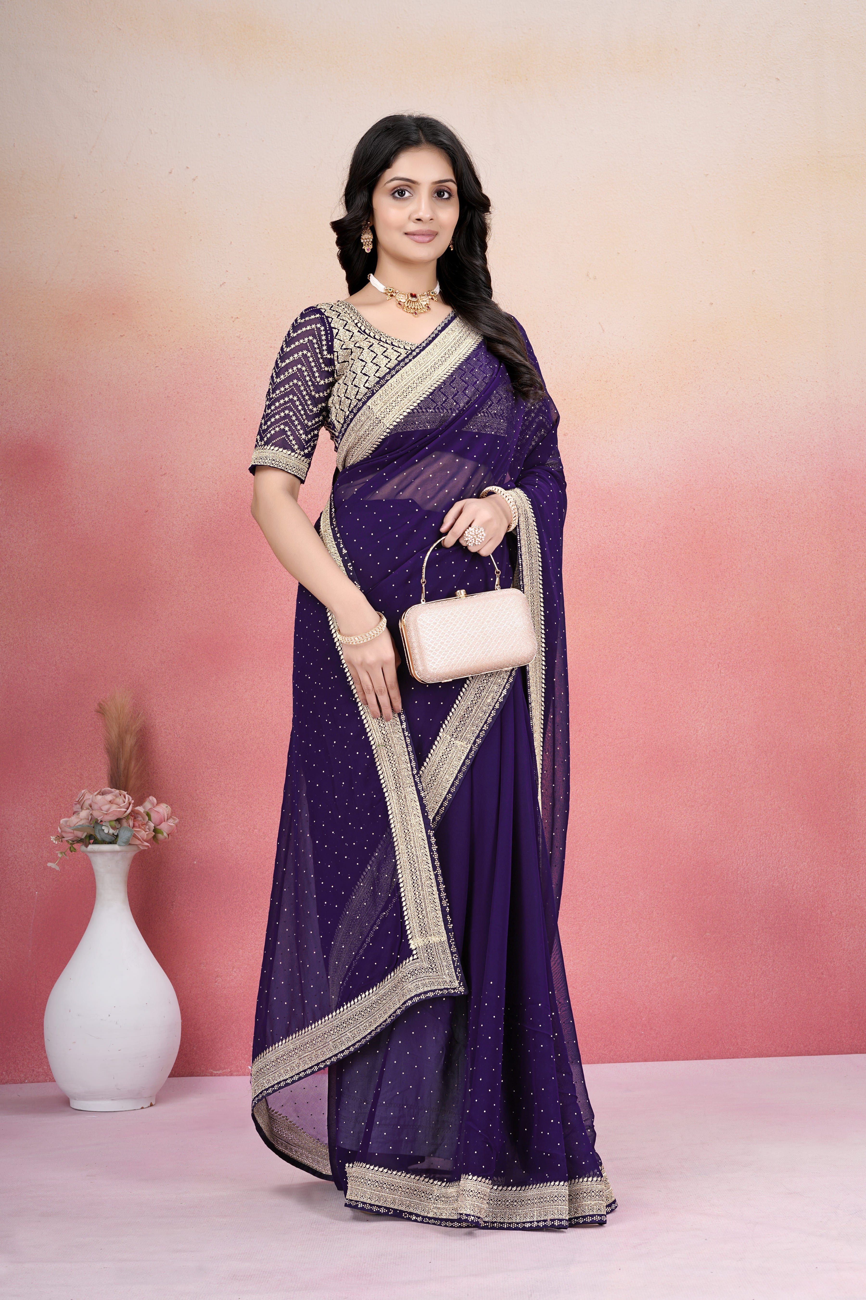 Elegant Purple Zari Embroidered Designer Saree