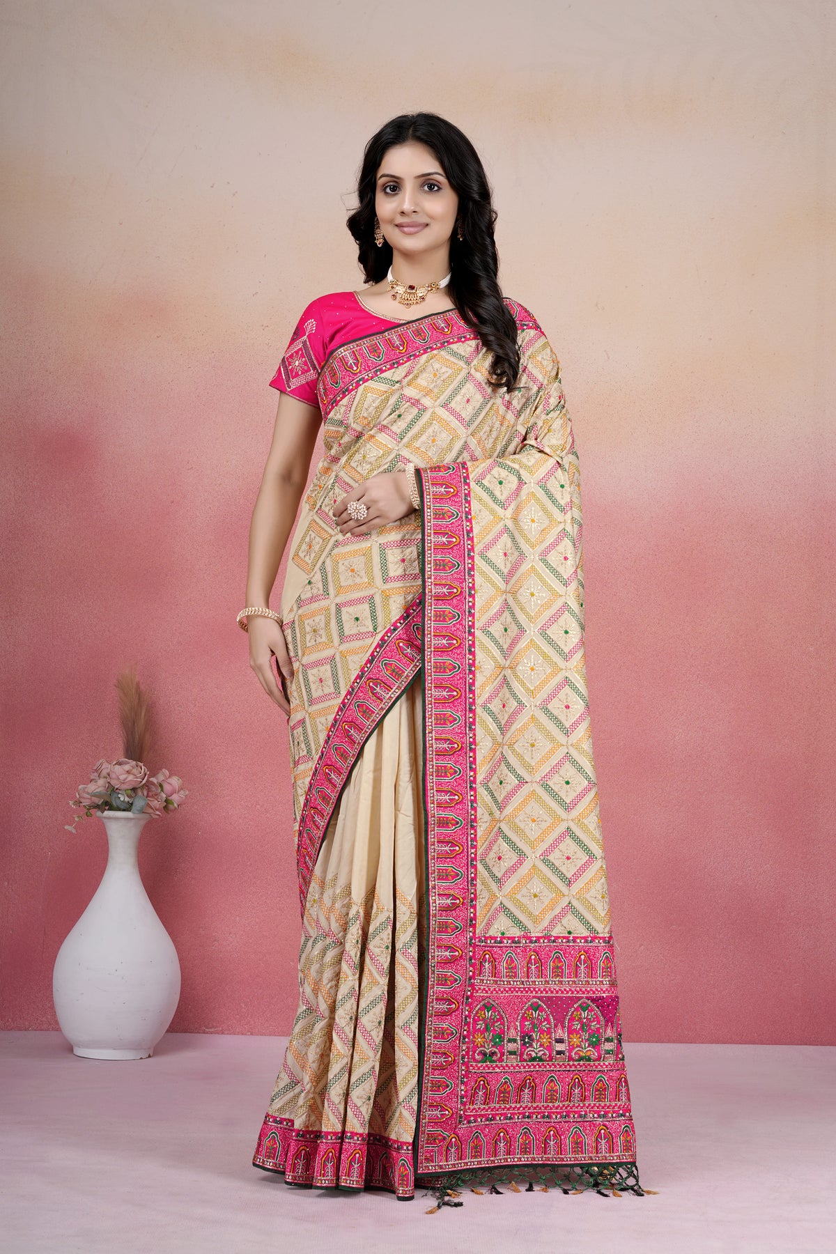 Elegant Cream & Rani Pink Designer Embroidered Saree