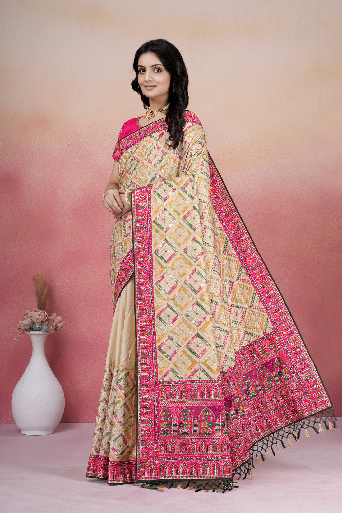 Elegant Cream & Rani Pink Designer Embroidered Saree