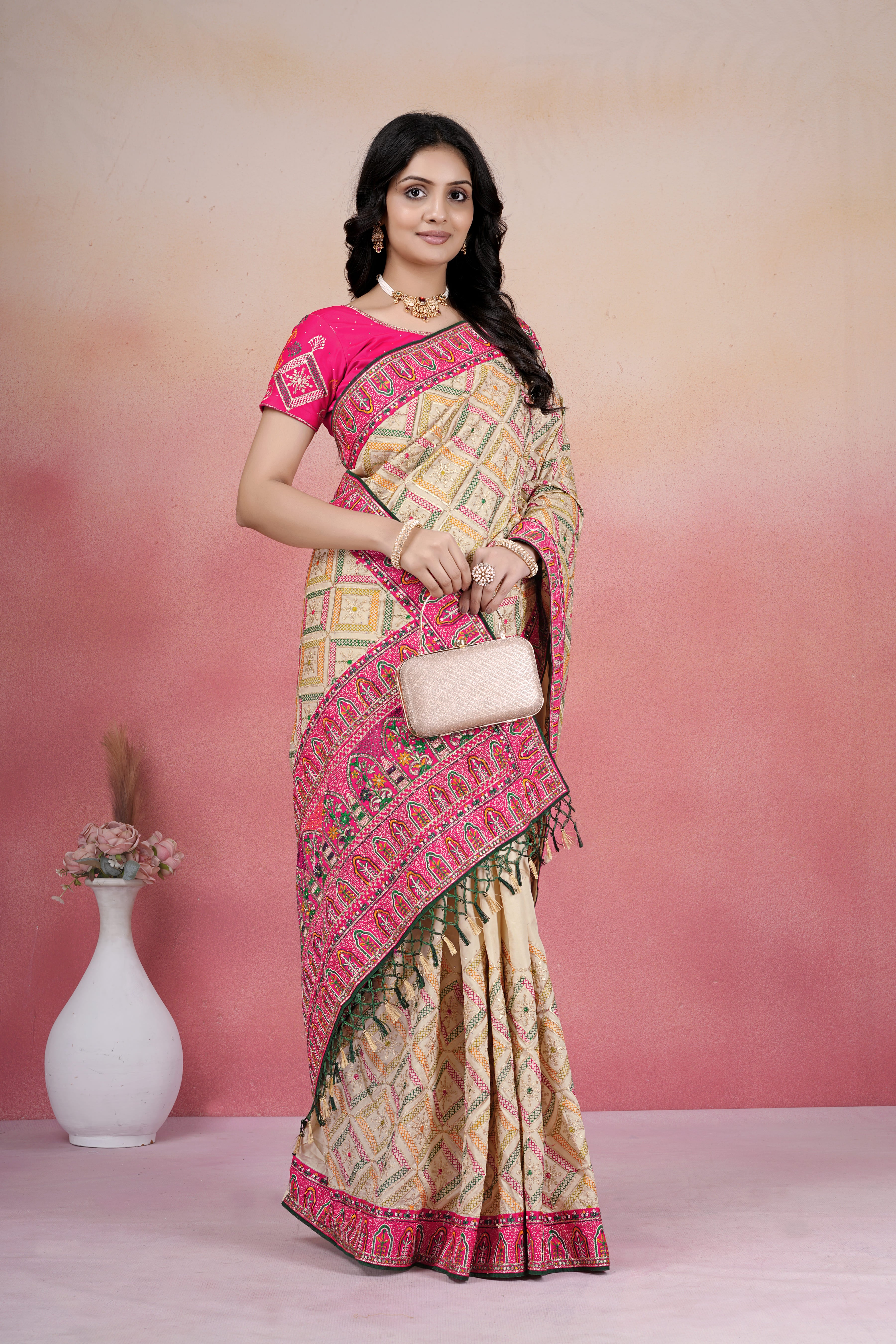 Elegant Cream & Rani Pink Designer Embroidered Saree