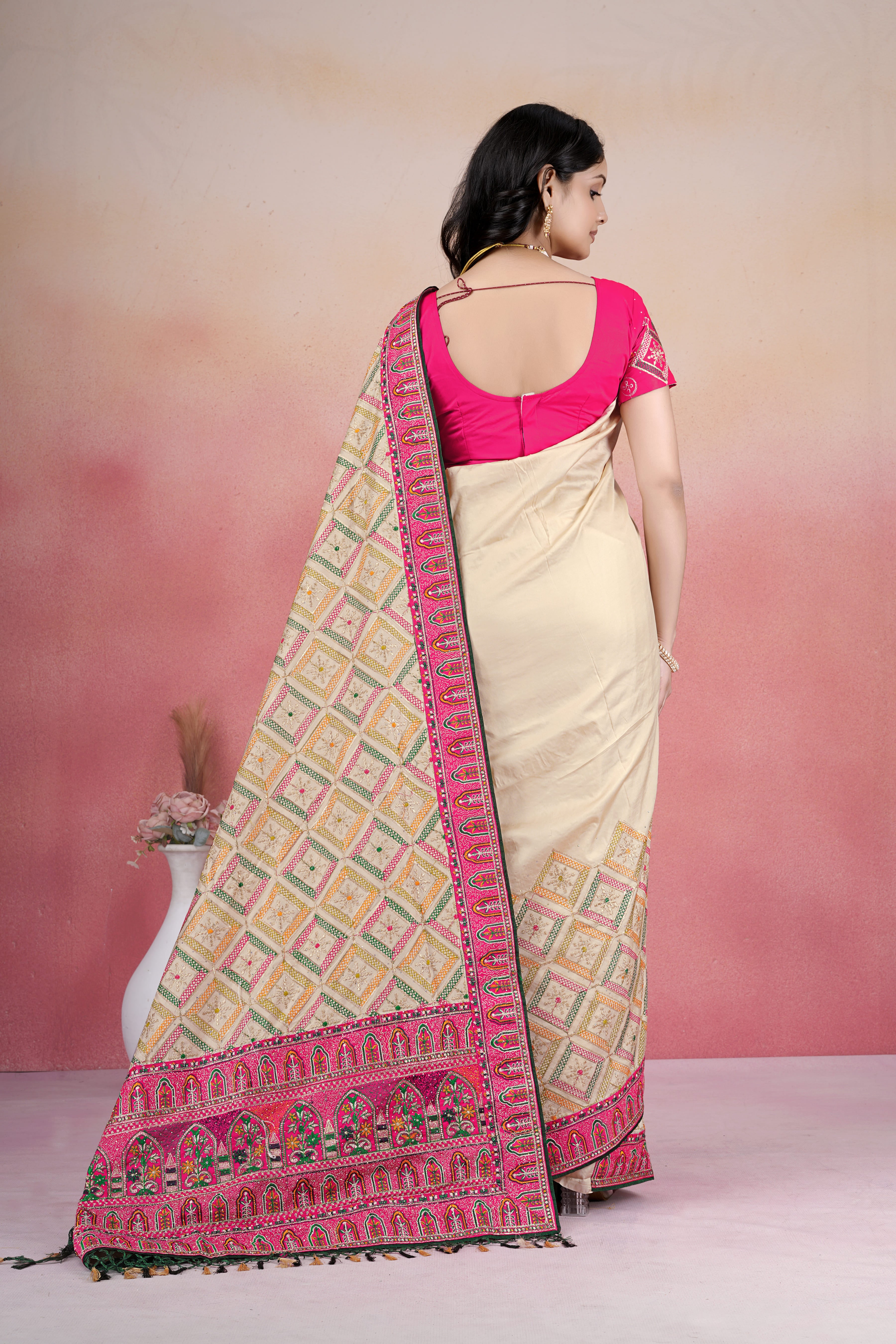 Elegant Cream & Rani Pink Designer Embroidered Saree