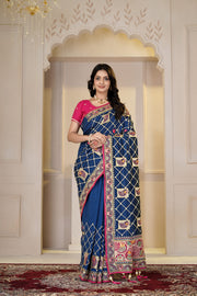 Elegant Navy Blue & Rani Pink Embroidered Designer Saree