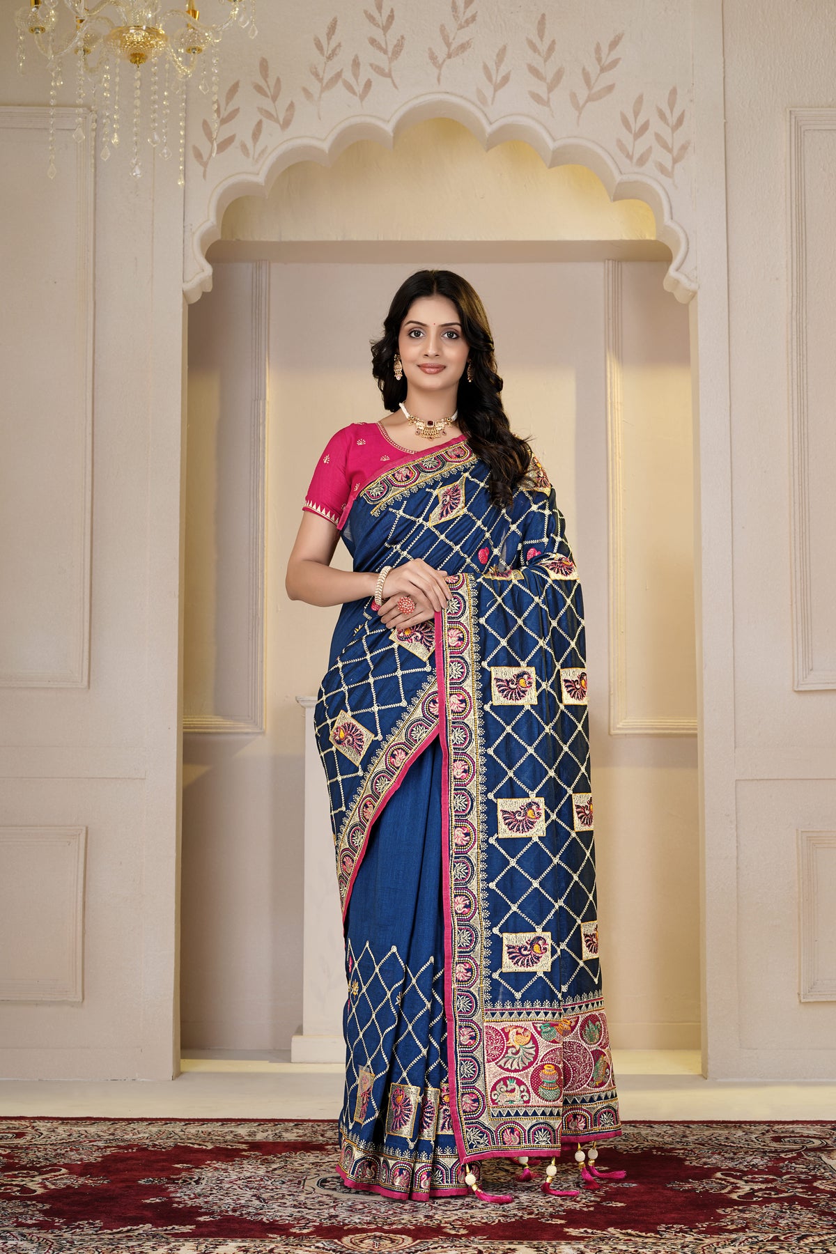 Elegant Navy Blue & Rani Pink Embroidered Designer Saree
