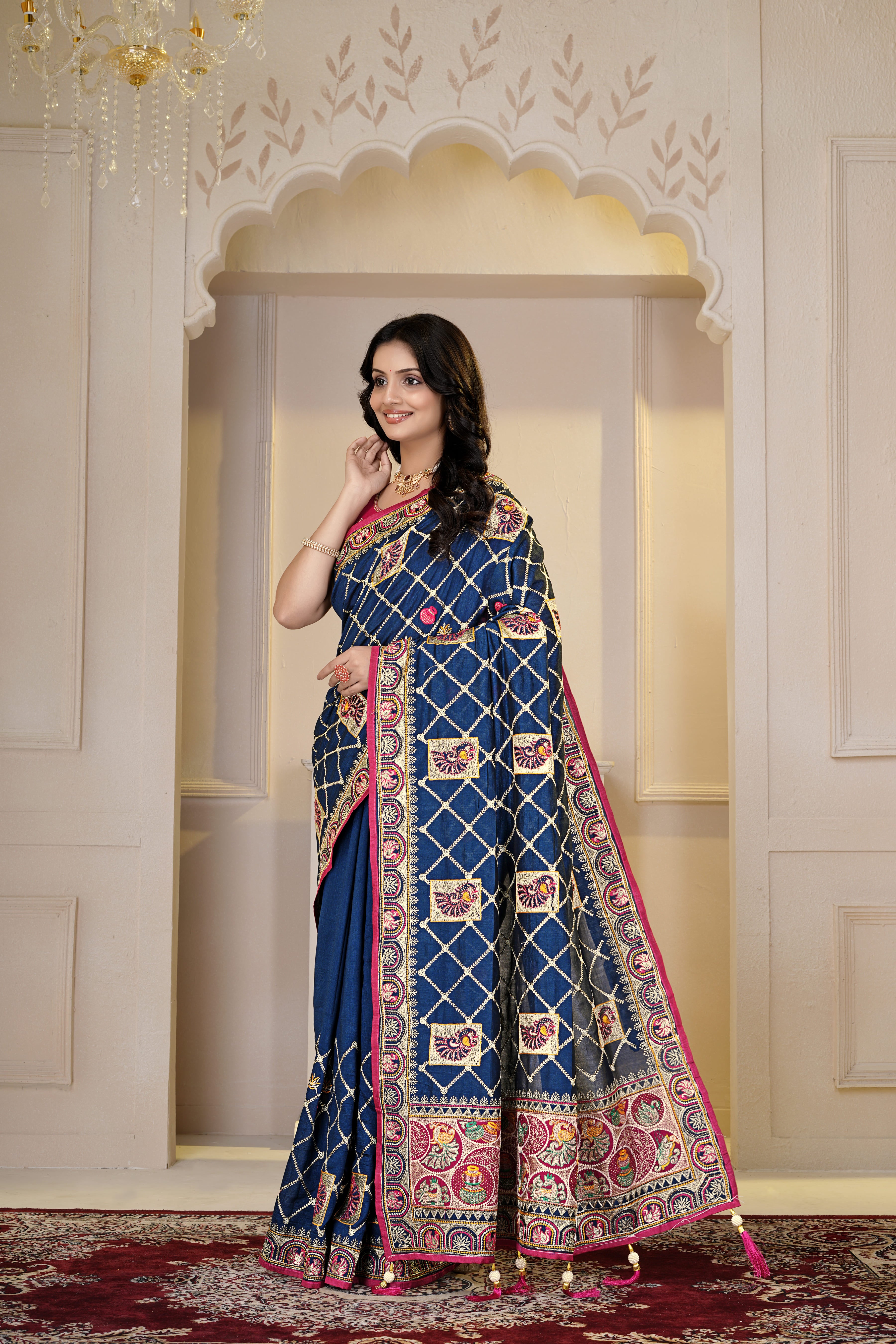 Elegant Navy Blue & Rani Pink Embroidered Designer Saree