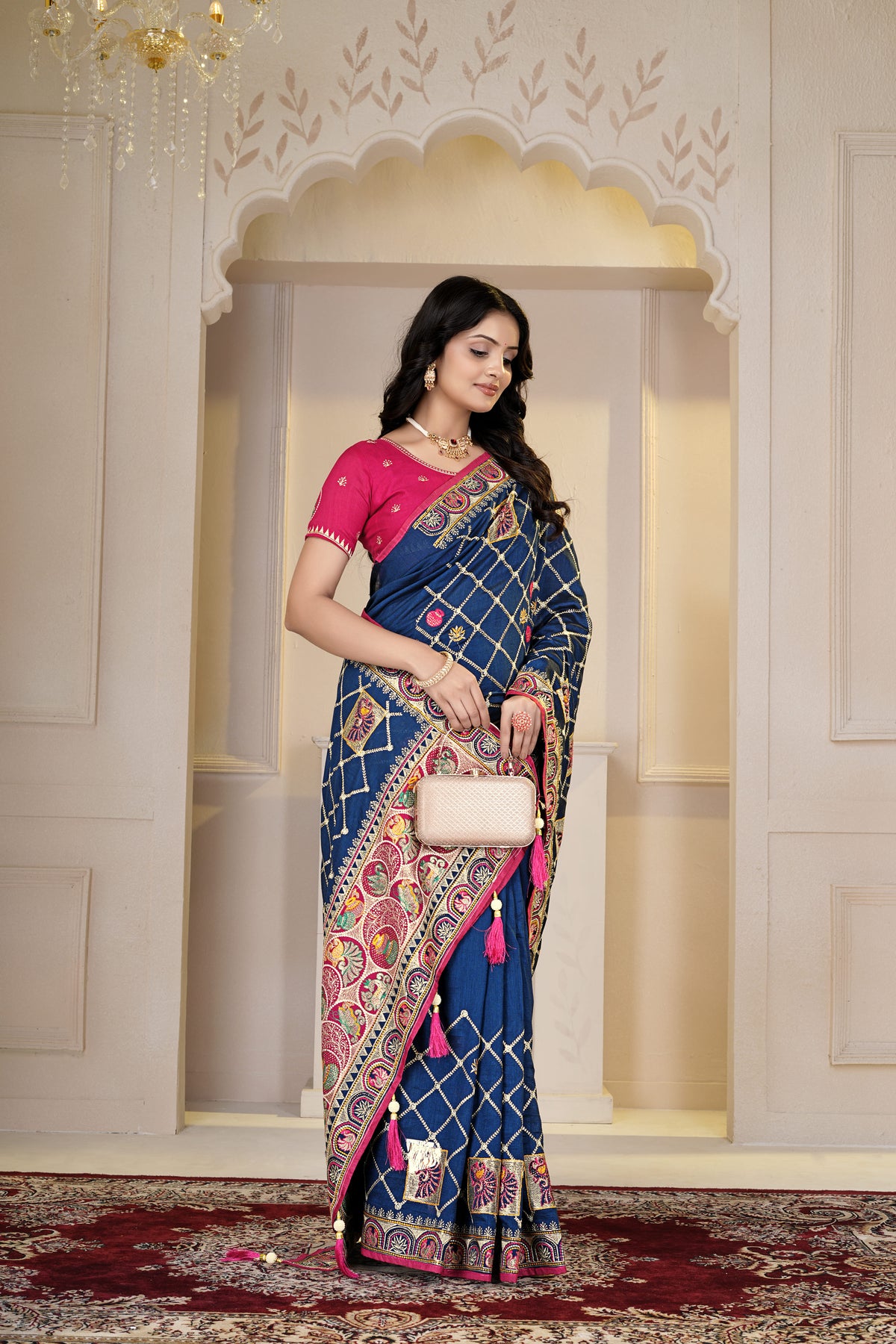 Elegant Navy Blue & Rani Pink Embroidered Designer Saree