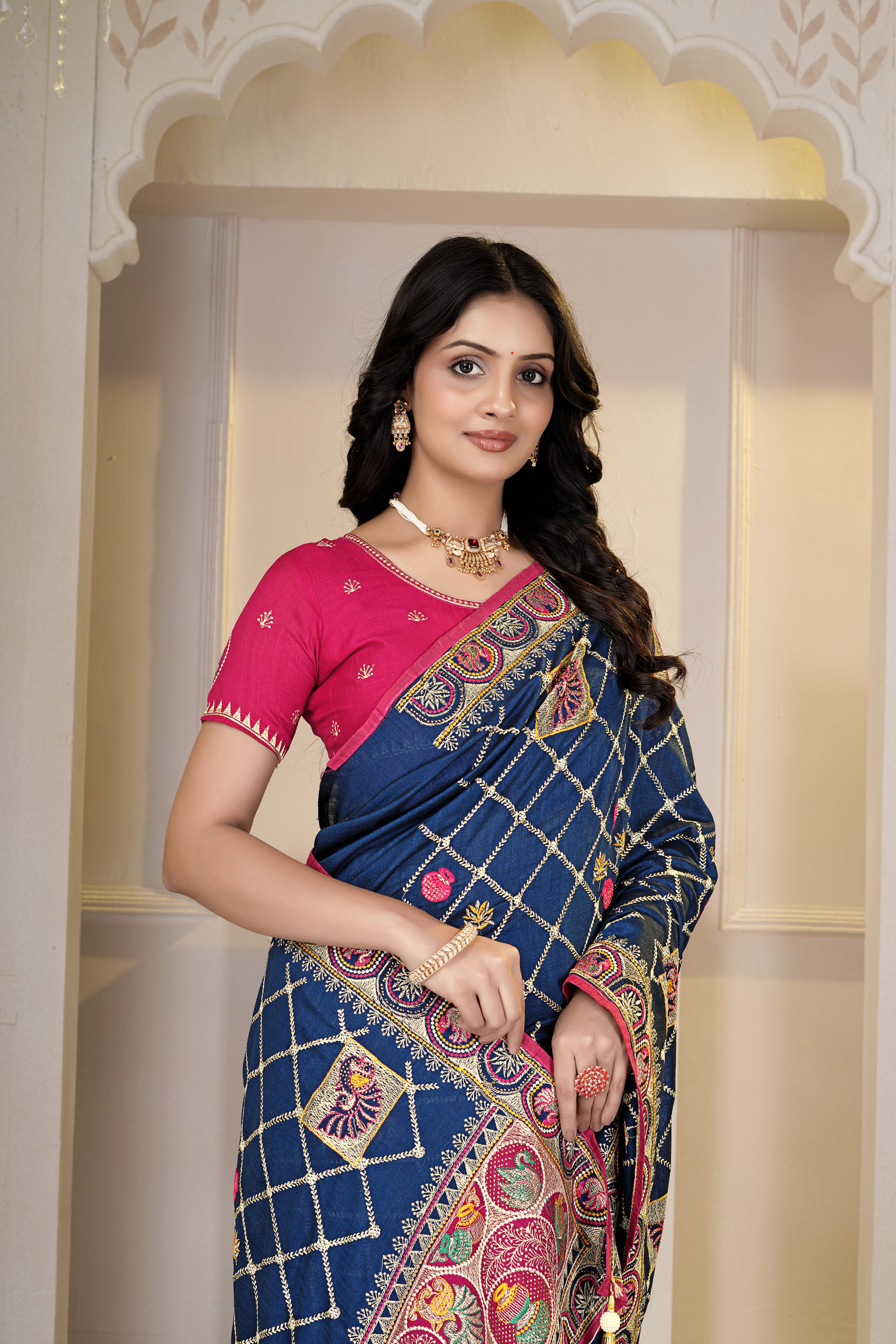 Elegant Navy Blue & Rani Pink Embroidered Designer Saree