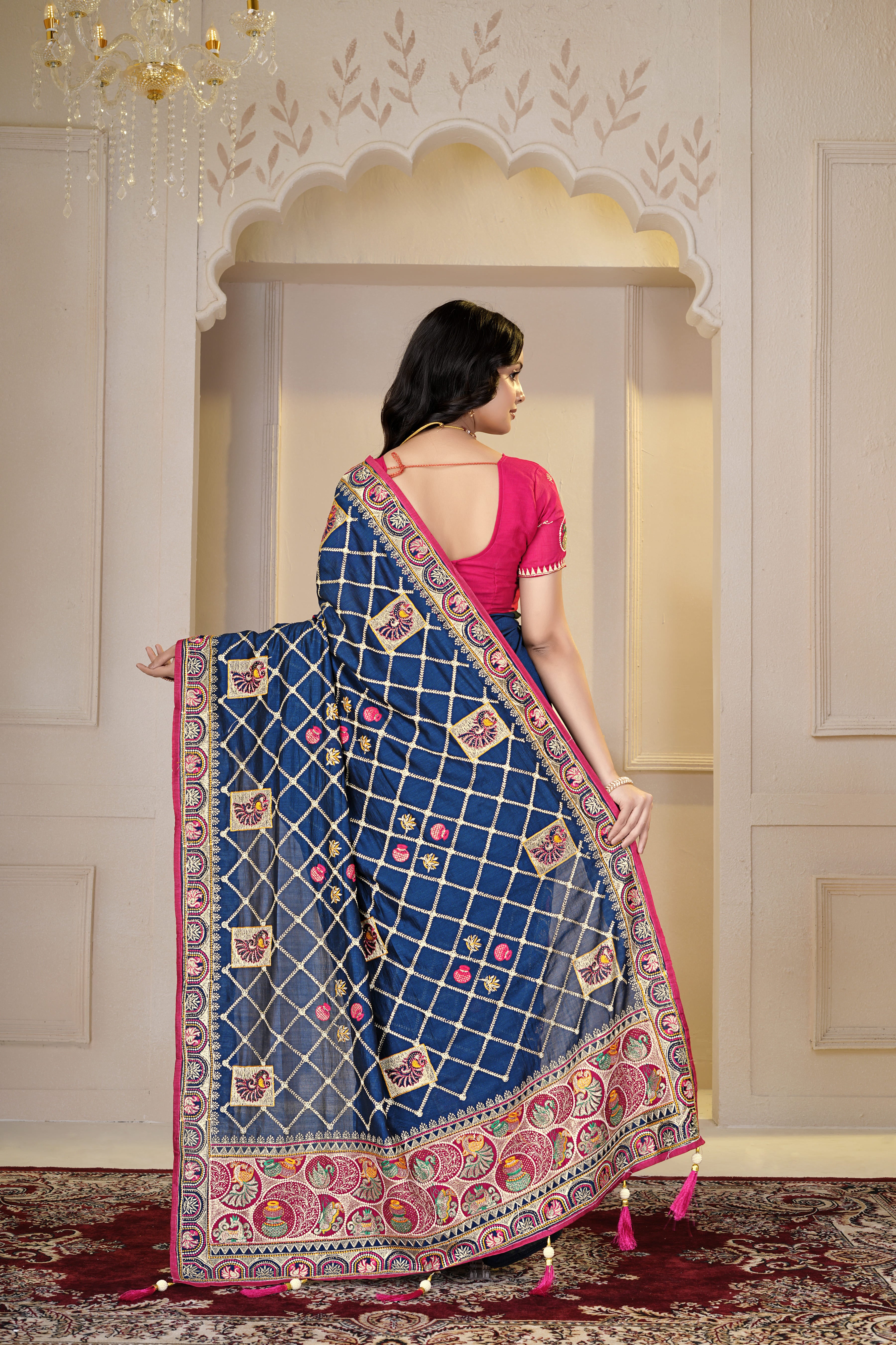 Elegant Navy Blue & Rani Pink Embroidered Designer Saree