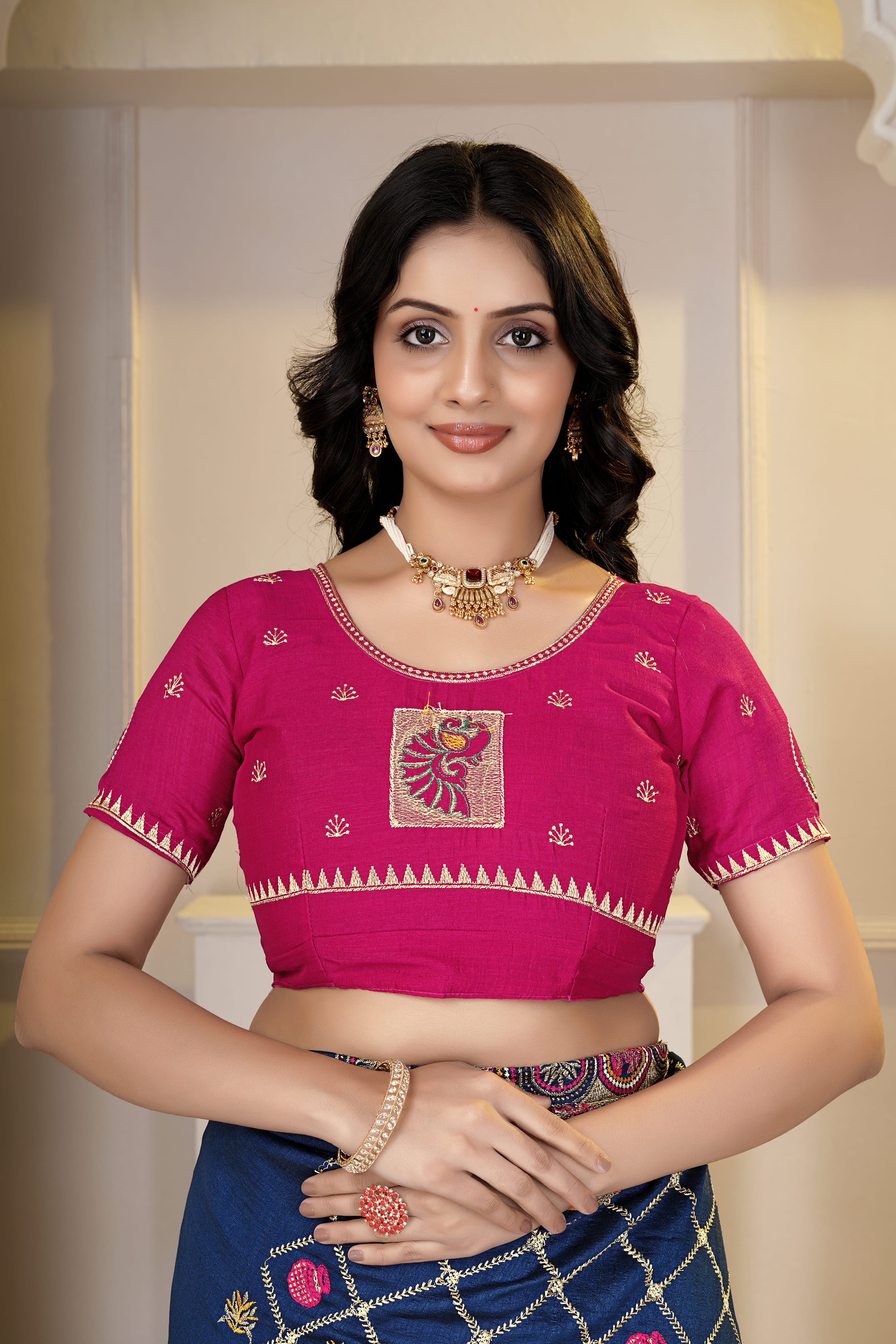 Elegant Navy Blue & Rani Pink Embroidered Designer Saree