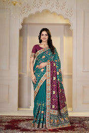 Elegant Teal Green & Wine Embroidered Designer Saree