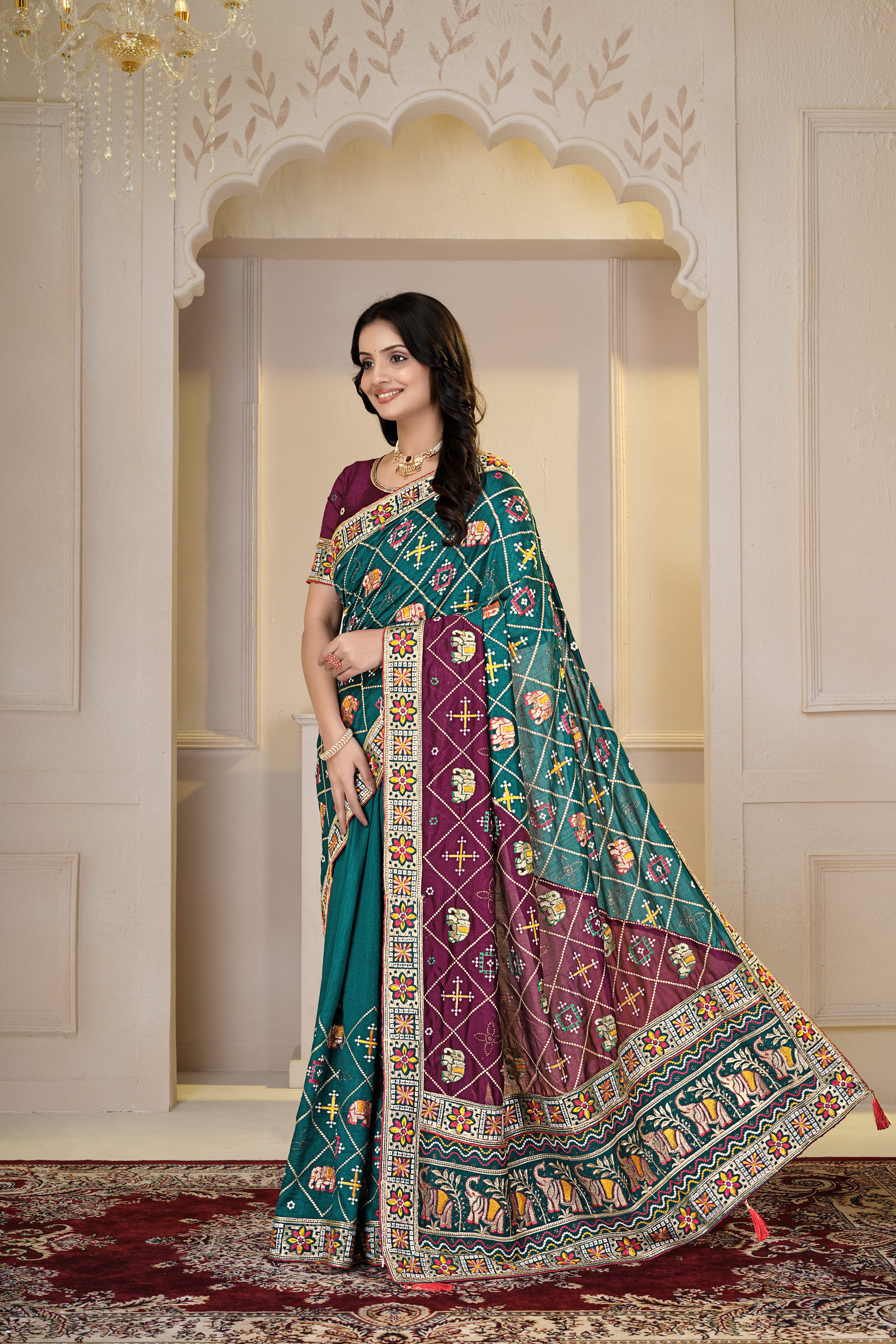 Elegant Teal Green & Wine Embroidered Designer Saree