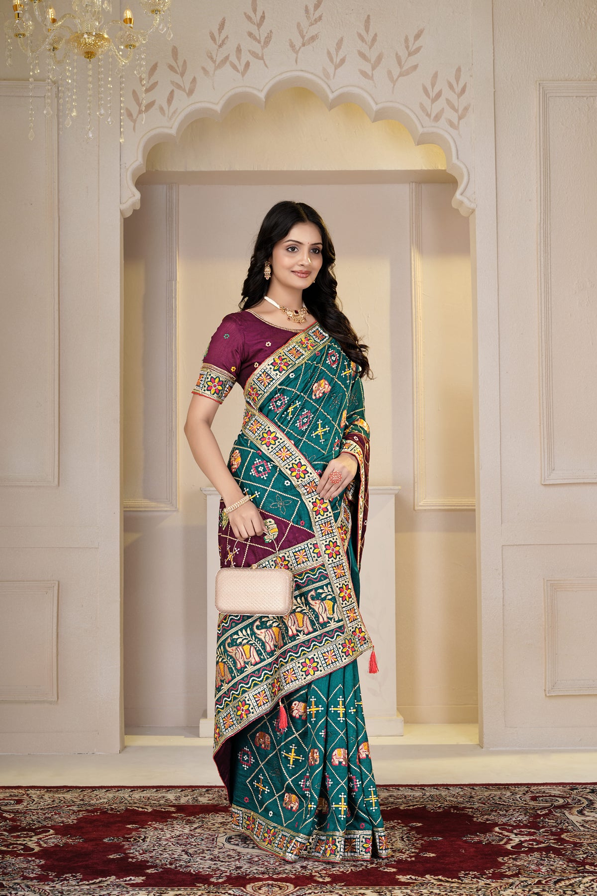Elegant Teal Green & Wine Embroidered Designer Saree