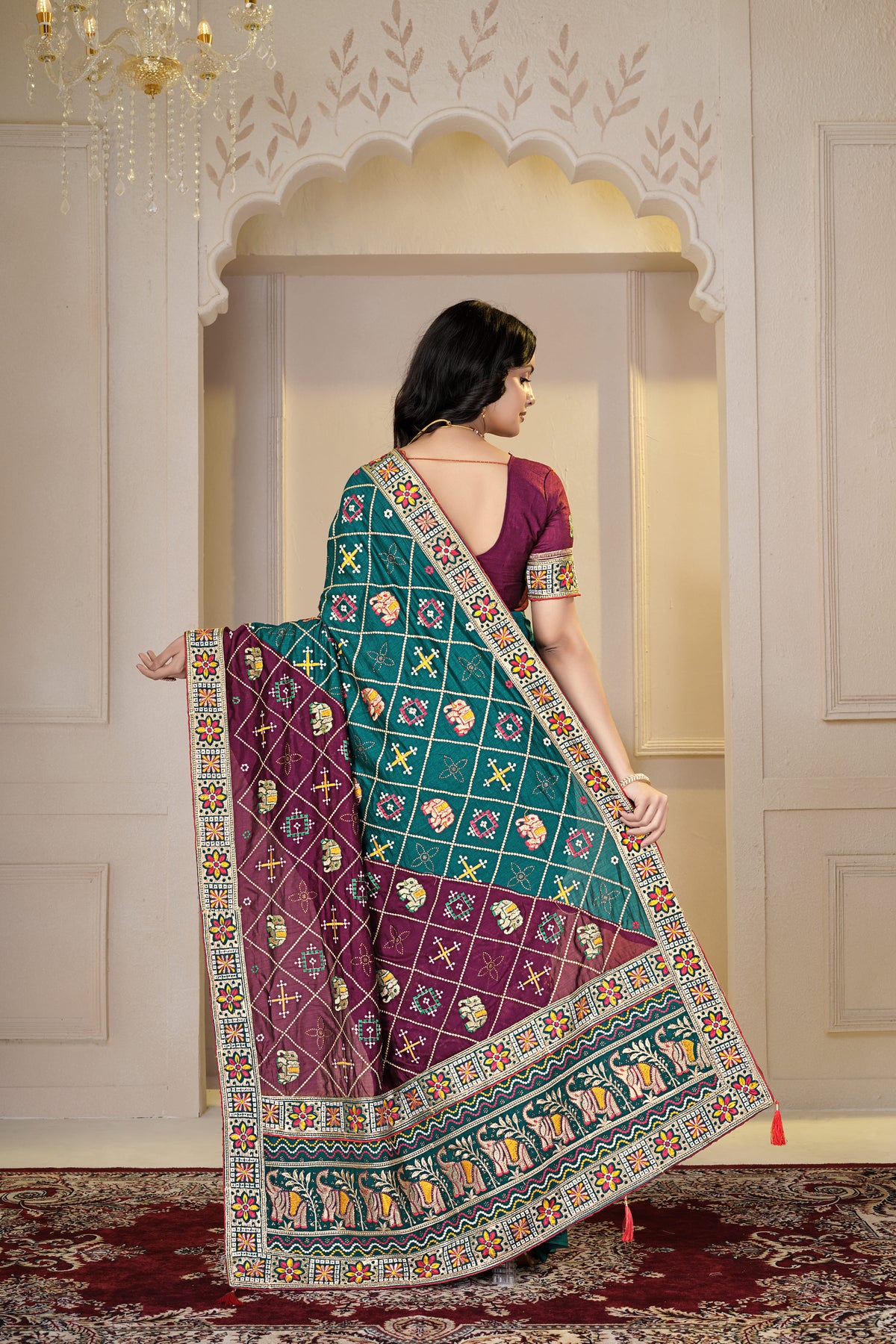 Elegant Teal Green & Wine Embroidered Designer Saree