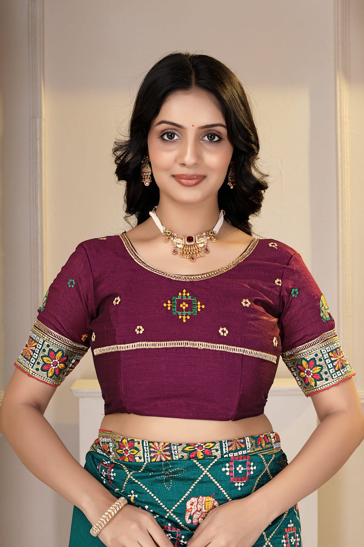 Elegant Teal Green & Wine Embroidered Designer Saree