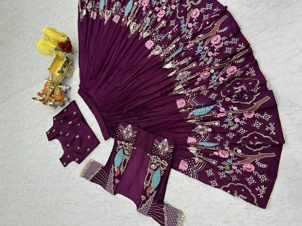 Wine Purple Embroidered Festival Lehenga Choli with Designer Koti