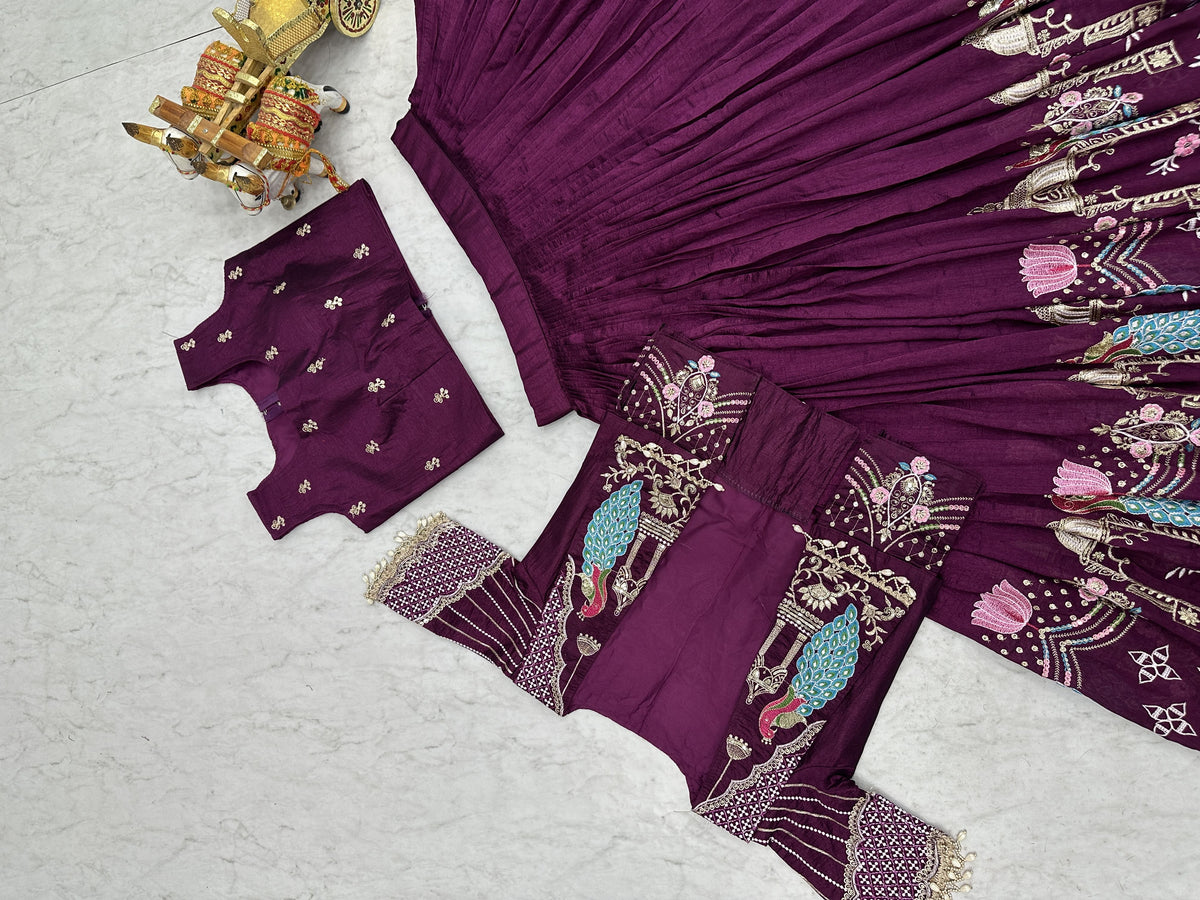 Wine Purple Embroidered Festival Lehenga Choli with Designer Koti