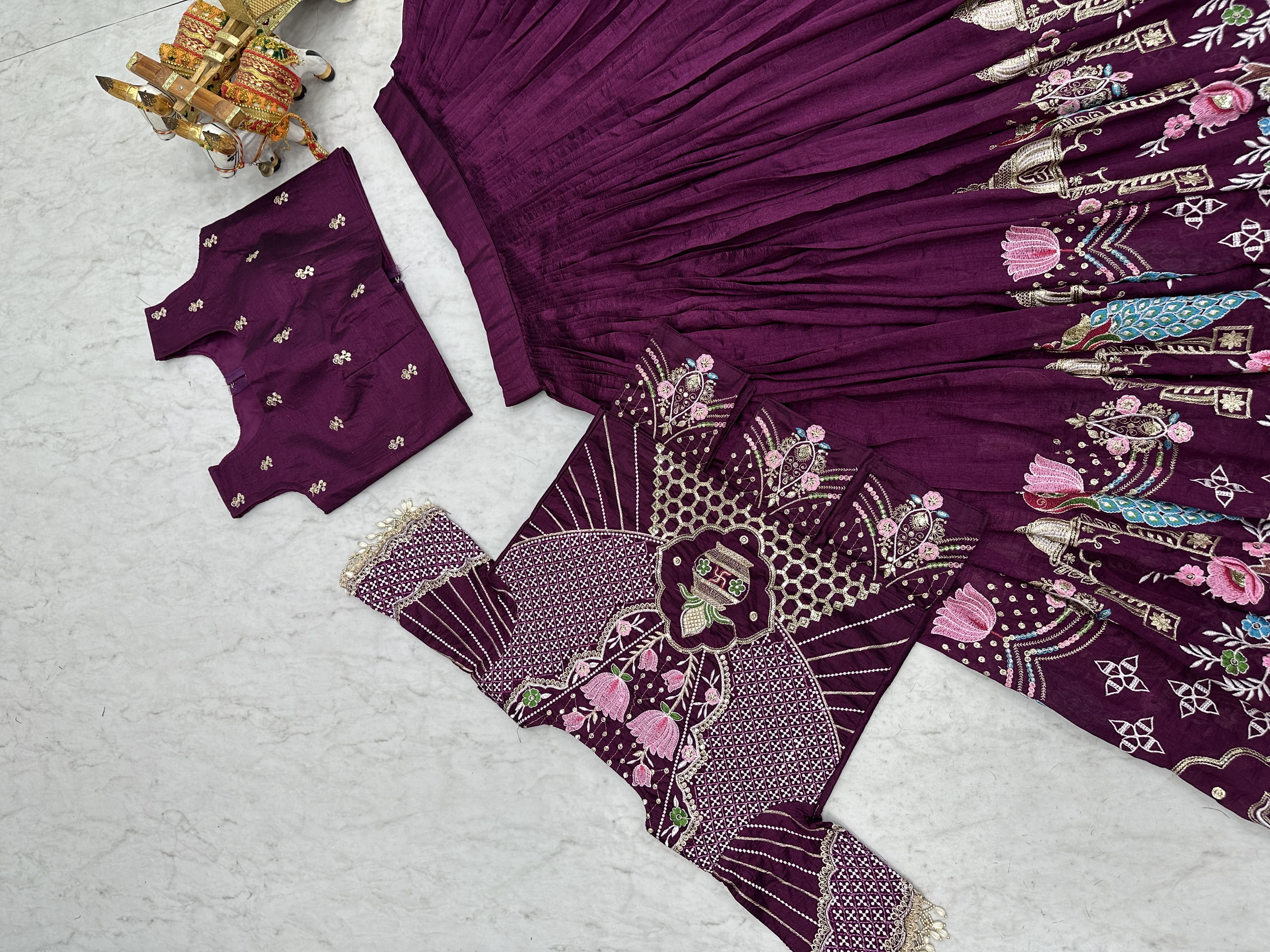 Wine Purple Embroidered Festival Lehenga Choli with Designer Koti