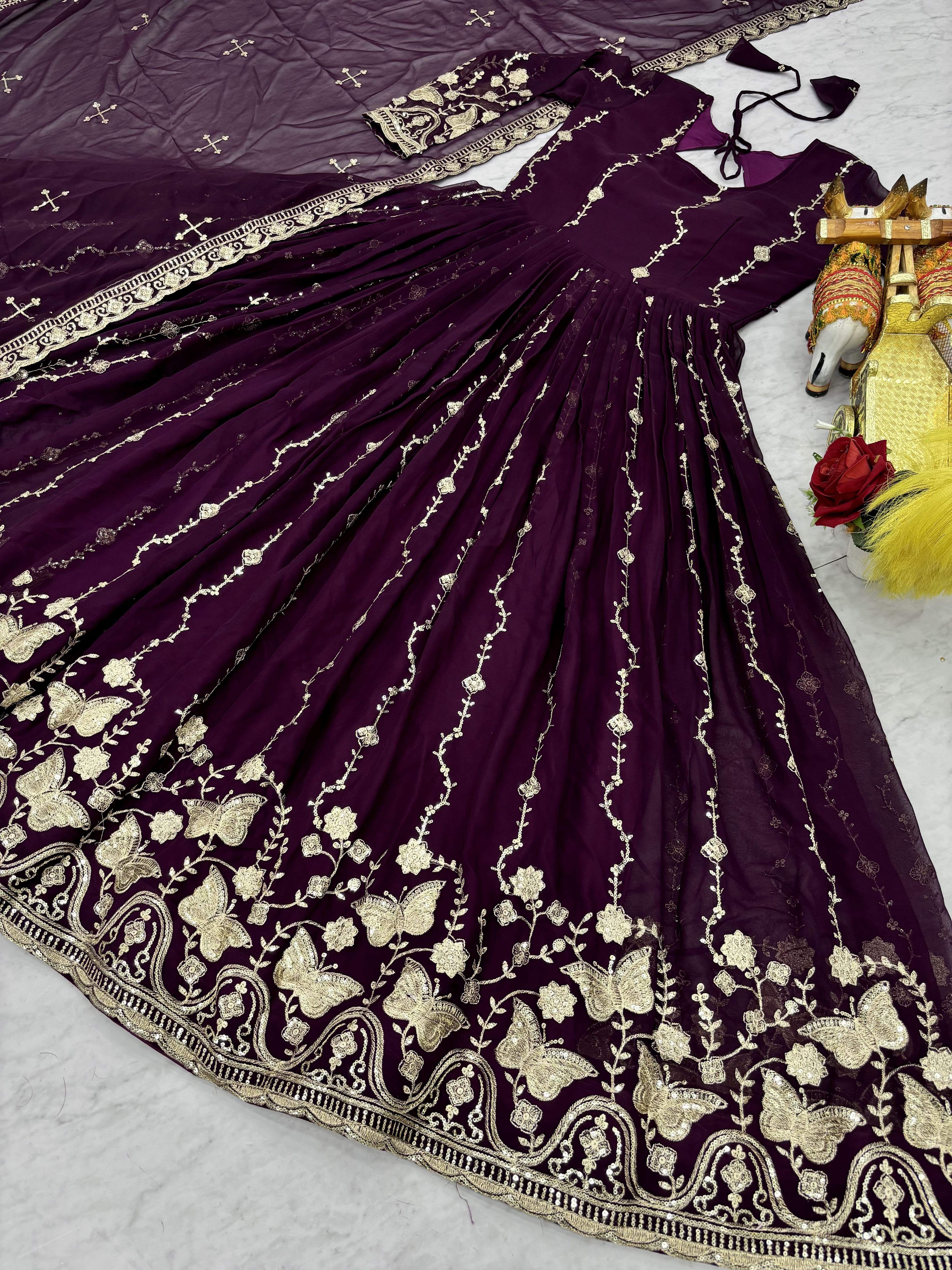 Elegant Wine Purple Heavy Sequence Embroidered Long Anarkali Gown with Designer Dupatta – Premium Festive & Wedding Wear Collection