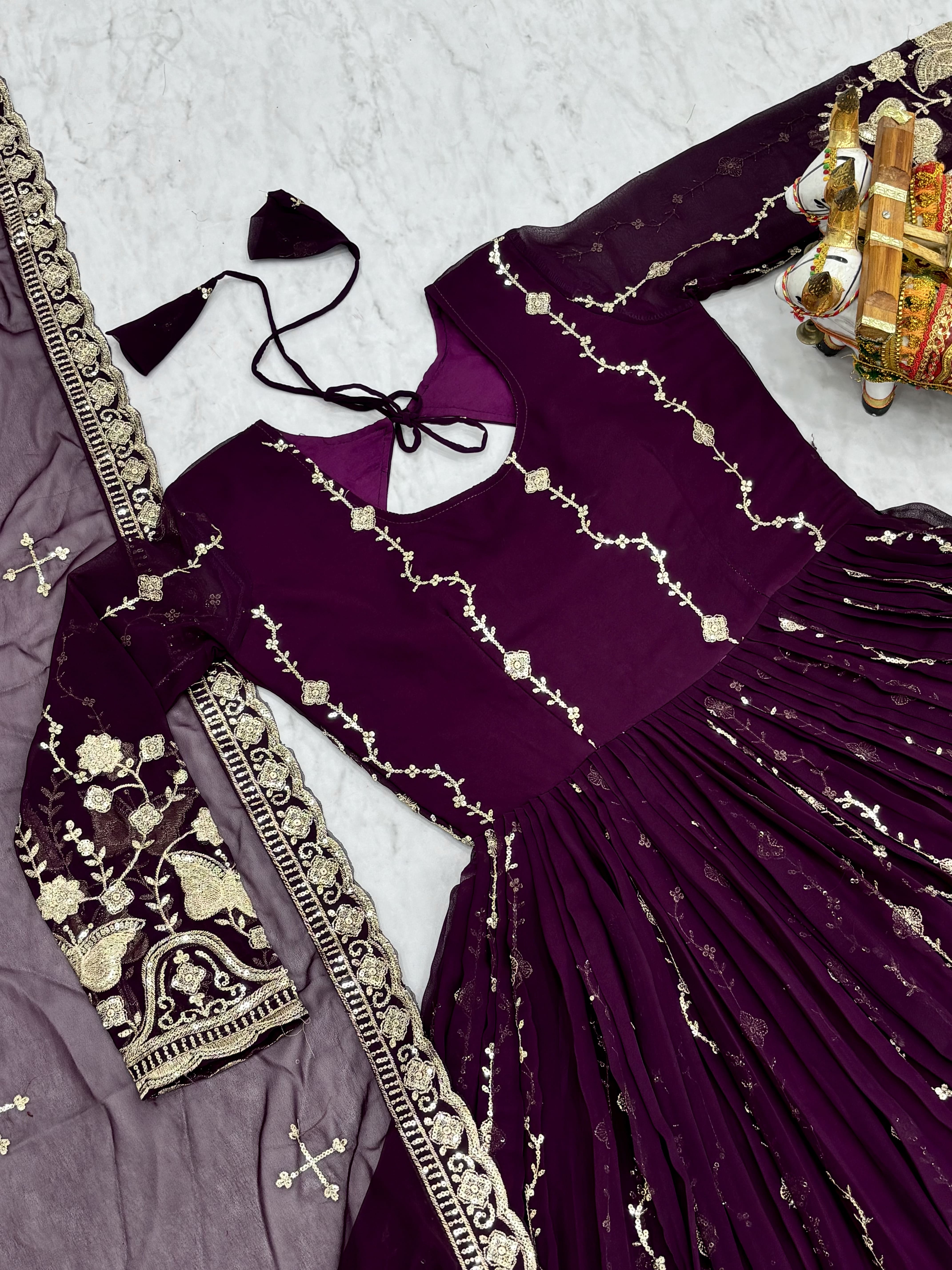 Elegant Wine Purple Heavy Sequence Embroidered Long Anarkali Gown with Designer Dupatta – Premium Festive & Wedding Wear Collection