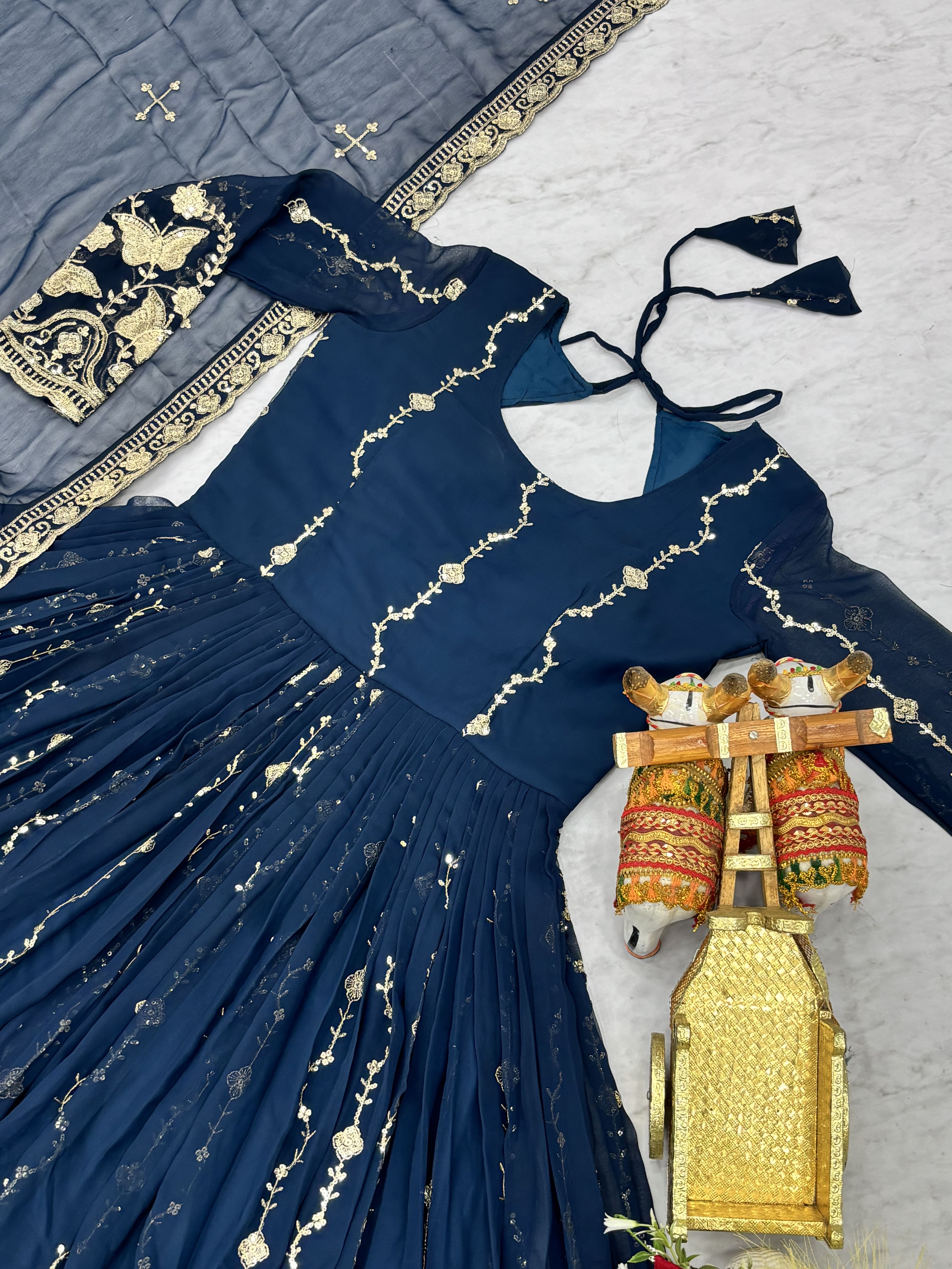 Royal Navy Blue Heavy Sequence Embroidered Long Gown with Matching Dupatta – Designer Festive & Wedding Wear Collection