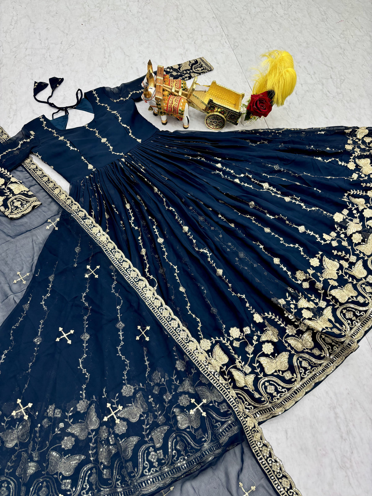 Royal Navy Blue Heavy Sequence Embroidered Long Gown with Matching Dupatta – Designer Festive & Wedding Wear Collection
