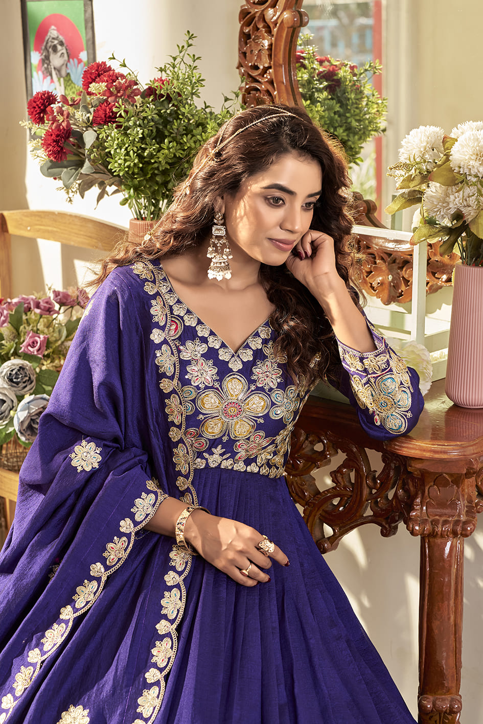 Royal Purple Heavy Cording Sequence Embroidered Long Gown with Matching Dupatta – Premium Festive Wear