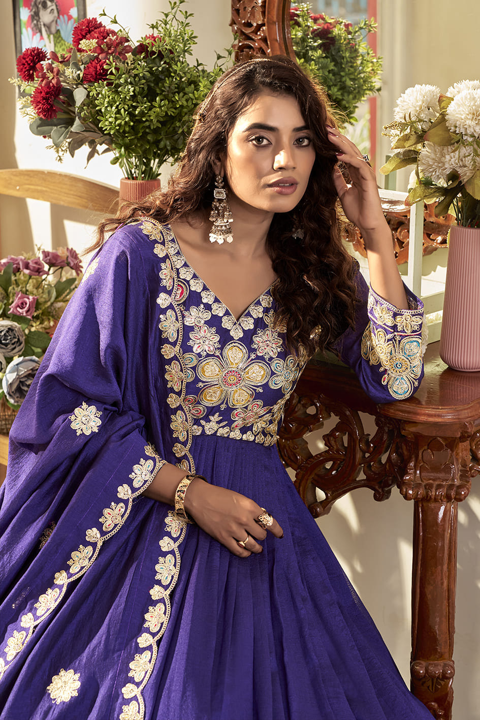 Royal Purple Heavy Cording Sequence Embroidered Long Gown with Matching Dupatta – Premium Festive Wear